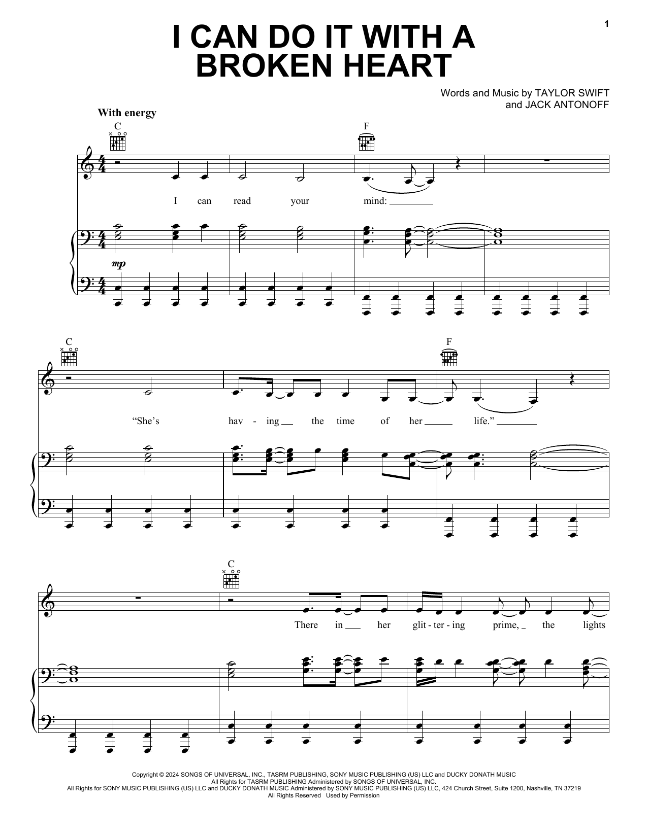 Taylor Swift I Can Do It With a Broken Heart sheet music notes and chords arranged for Easy Piano