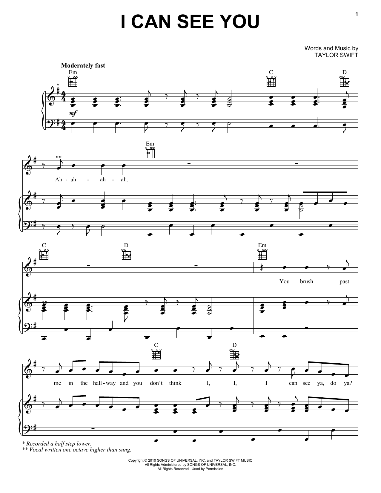 Taylor Swift I Can See You (Taylor's Version) (From The Vault) sheet music notes and chords arranged for Piano, Vocal & Guitar Chords (Right-Hand Melody)