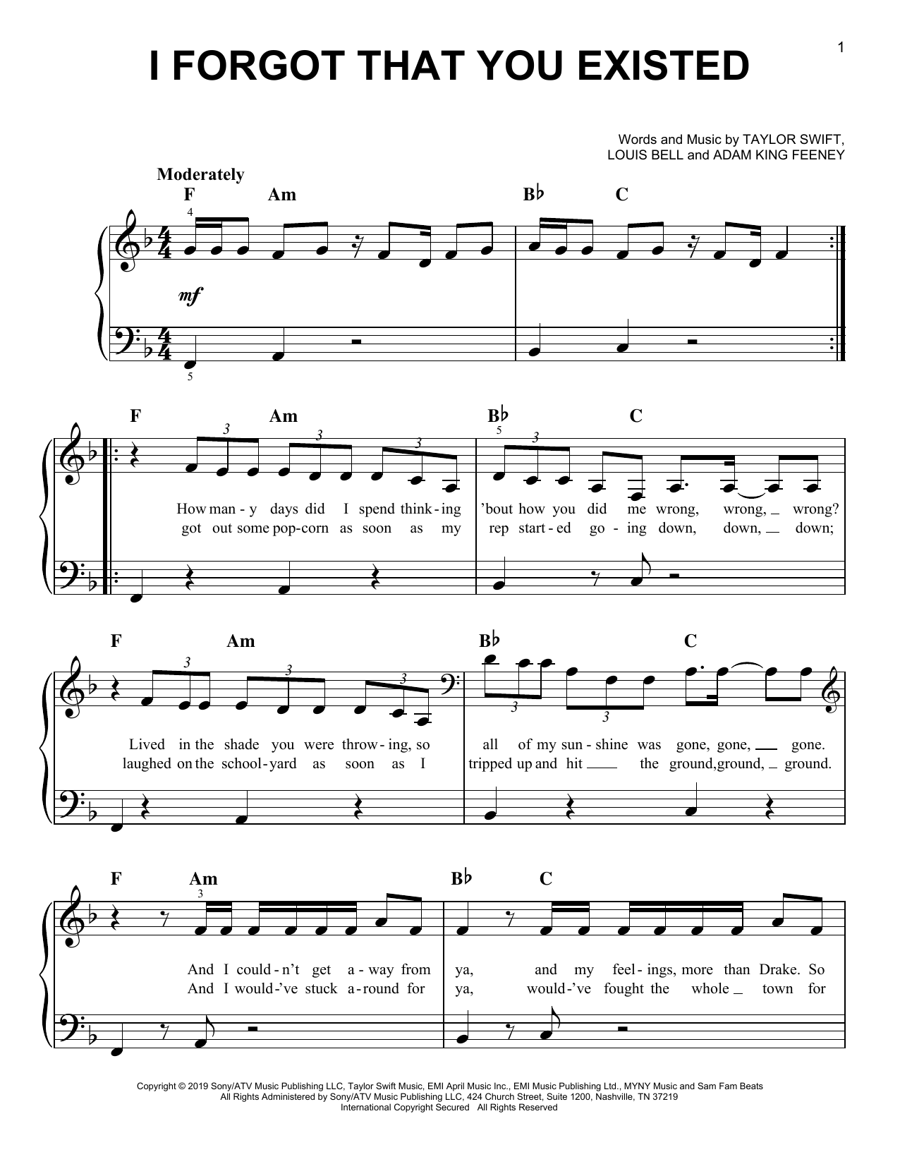 Taylor Swift I Forgot That You Existed sheet music notes and chords arranged for Easy Piano