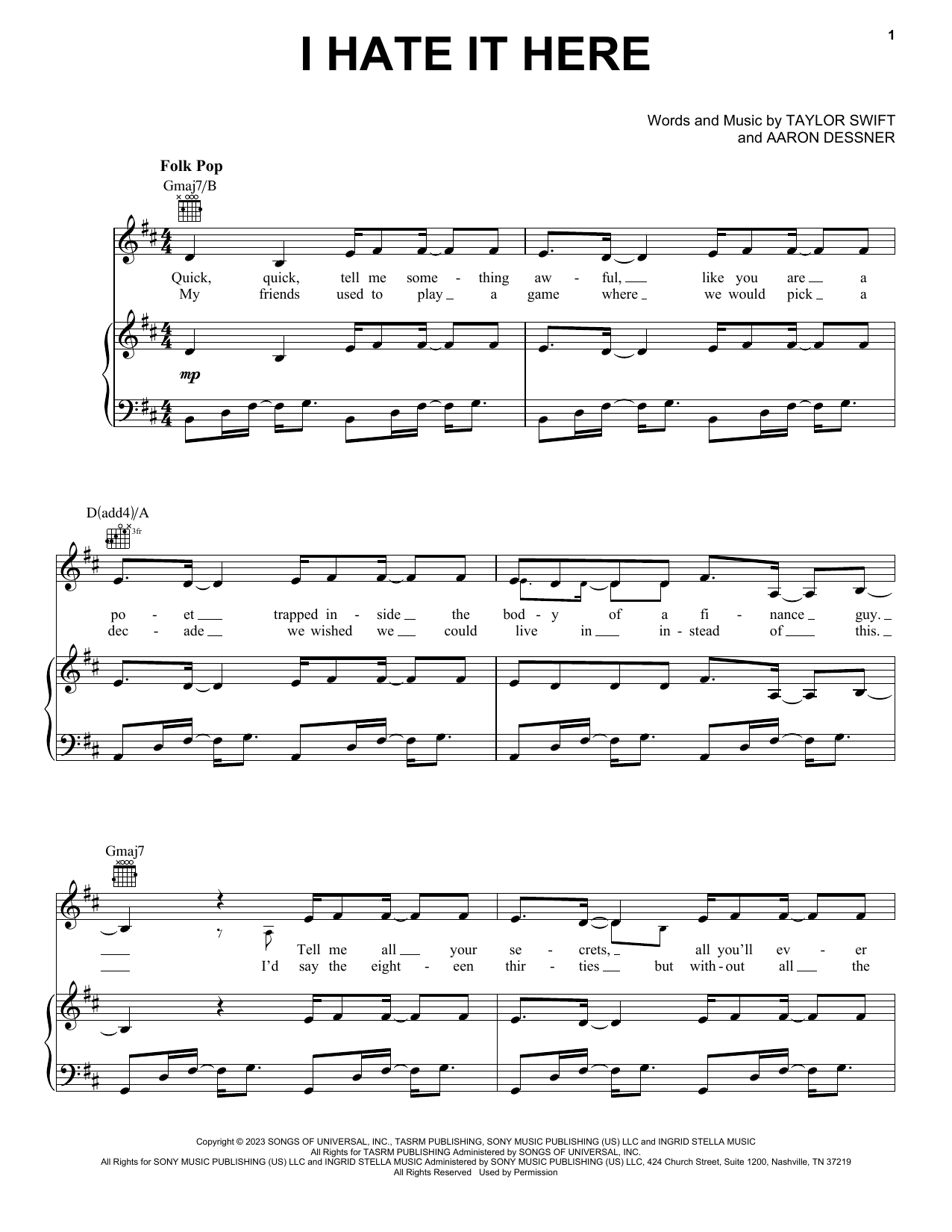 Taylor Swift I Hate It Here sheet music notes and chords arranged for Easy Piano