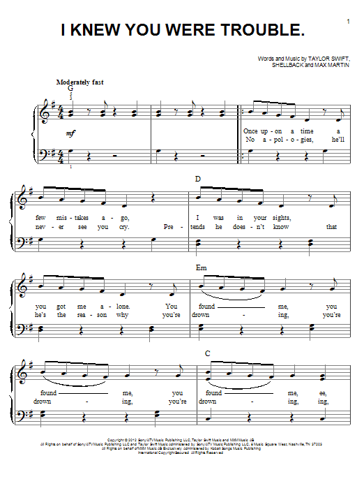 Taylor Swift I Knew You Were Trouble sheet music notes and chords arranged for Piano & Vocal