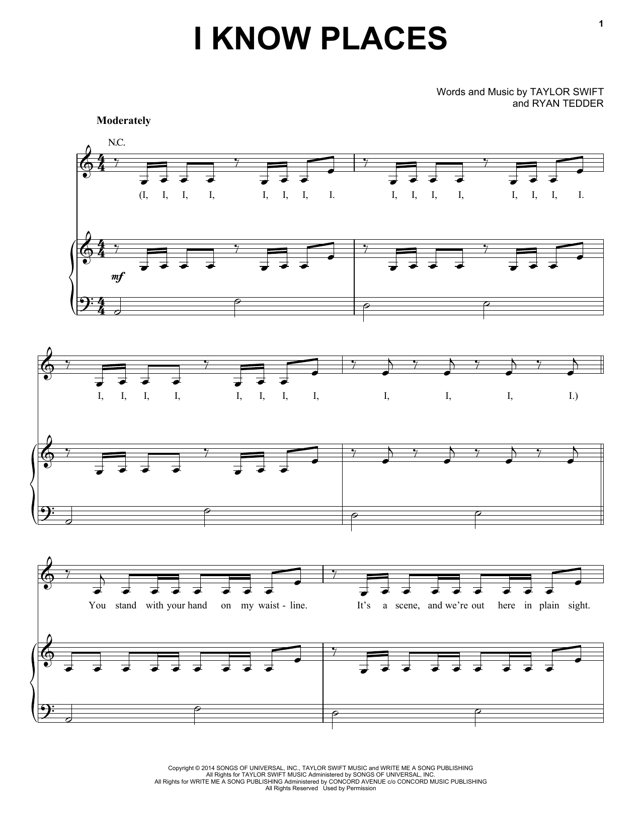 Taylor Swift I Know Places sheet music notes and chords arranged for Piano, Vocal & Guitar Chords (Right-Hand Melody)