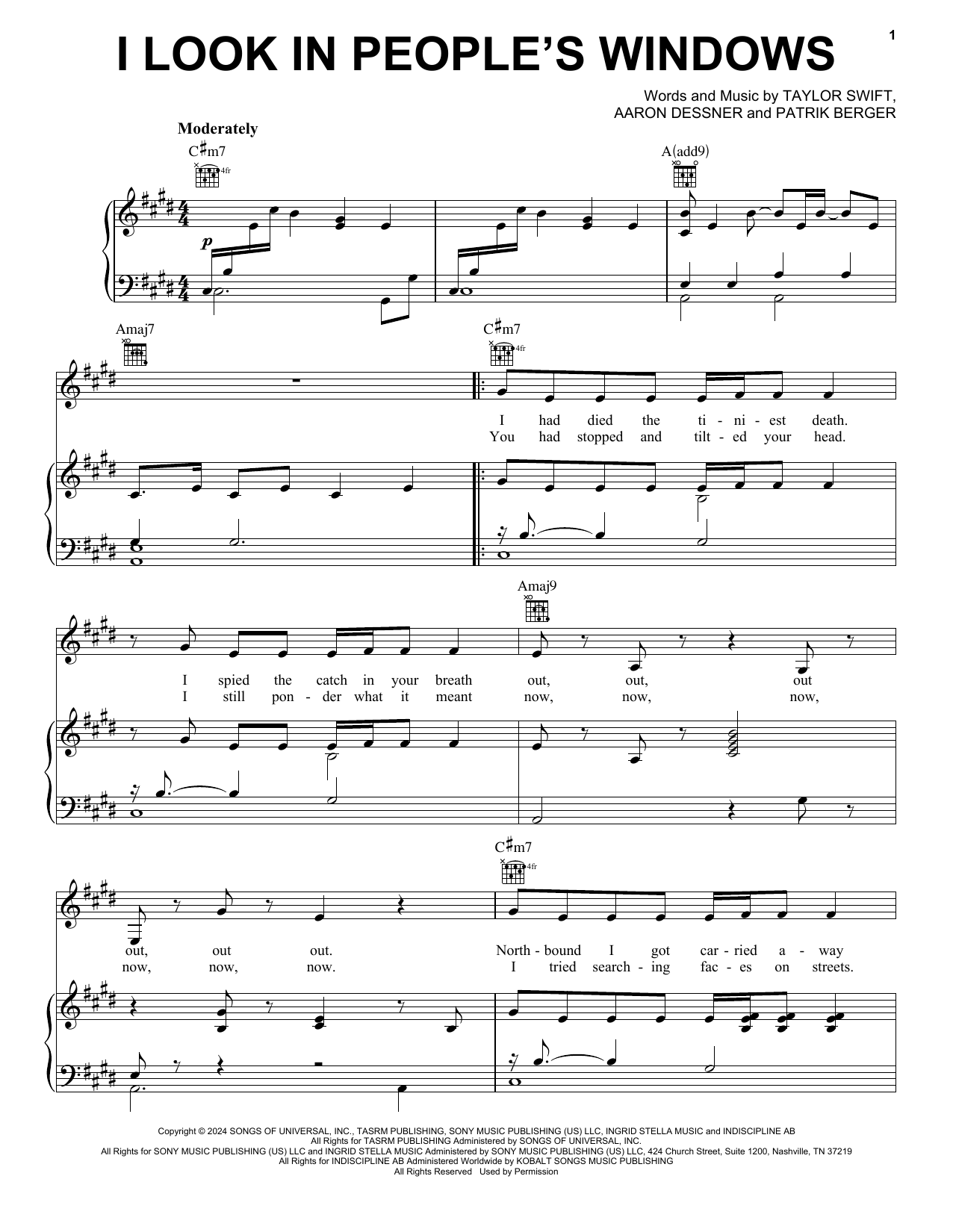 Taylor Swift I Look in People's Windows sheet music notes and chords arranged for Piano, Vocal & Guitar Chords (Right-Hand Melody)
