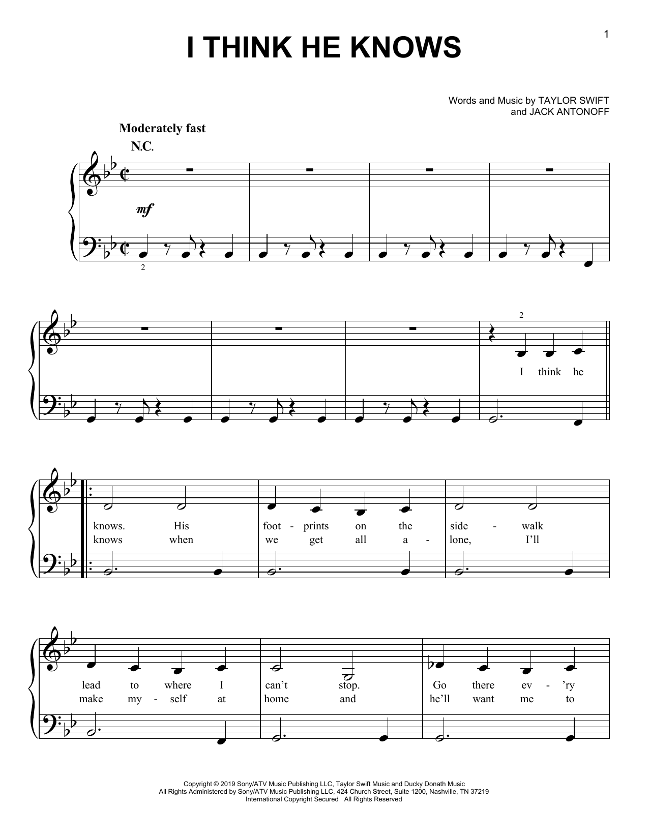 Taylor Swift I Think He Knows sheet music notes and chords arranged for Piano, Vocal & Guitar Chords (Right-Hand Melody)