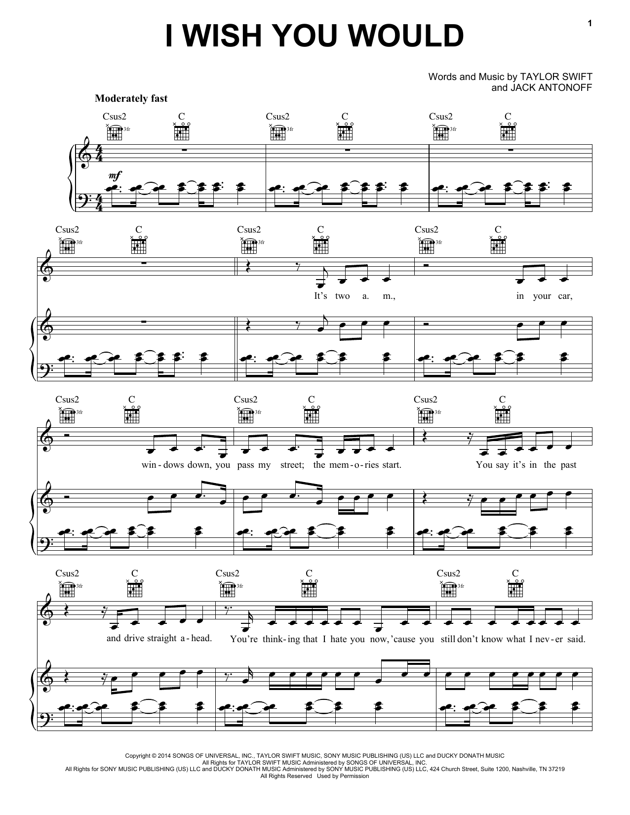 Taylor Swift I Wish You Would sheet music notes and chords arranged for Easy Guitar Tab
