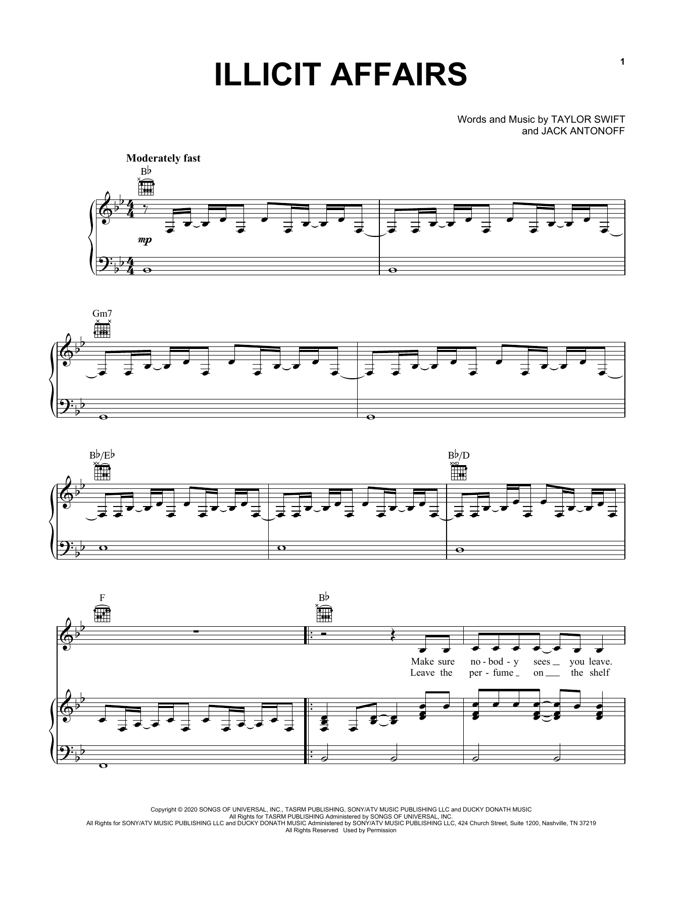 Taylor Swift illicit affairs sheet music notes and chords arranged for Piano, Vocal & Guitar Chords (Right-Hand Melody)