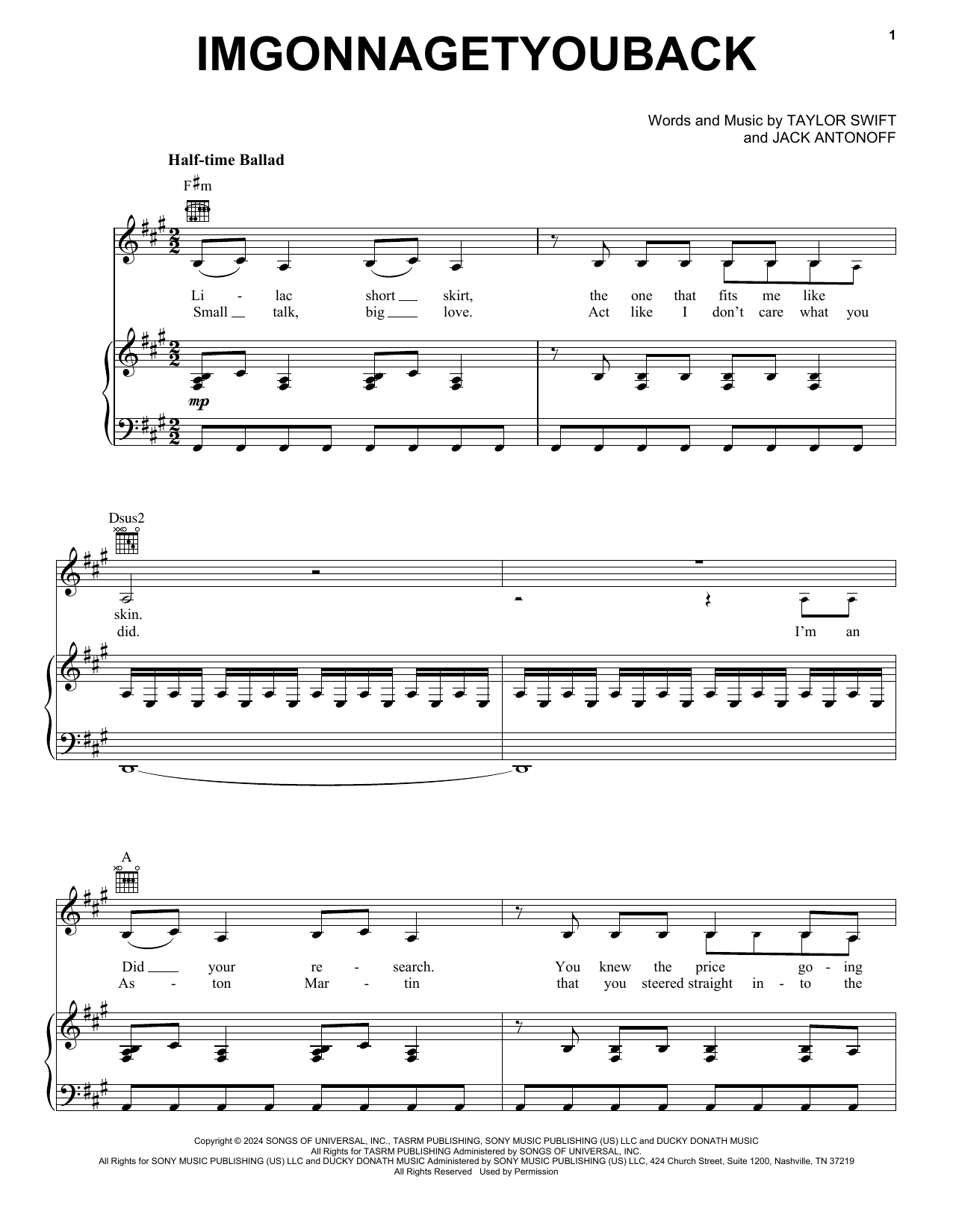 Taylor Swift imgonnagetyouback sheet music notes and chords arranged for Easy Piano