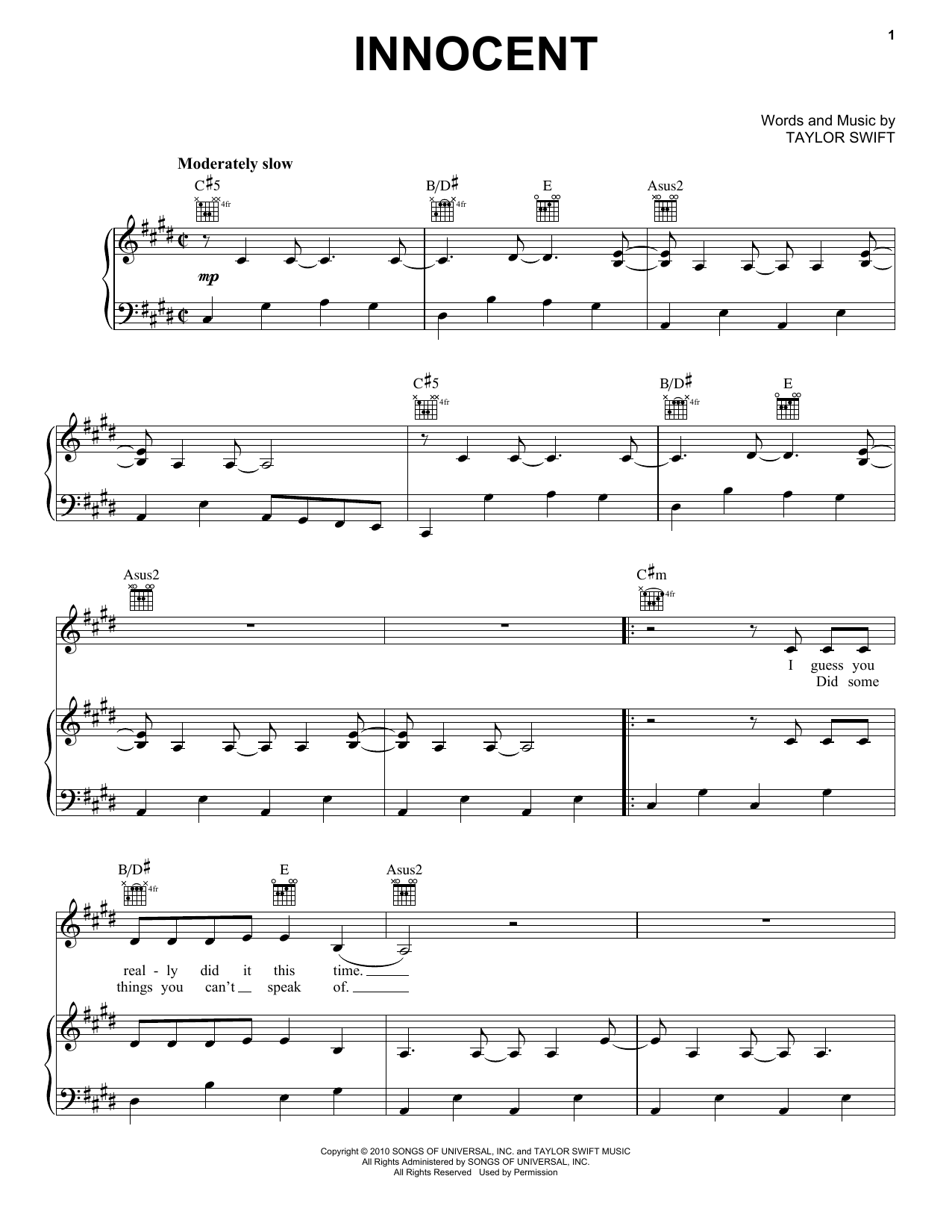 Taylor Swift Innocent sheet music notes and chords arranged for Easy Guitar Tab