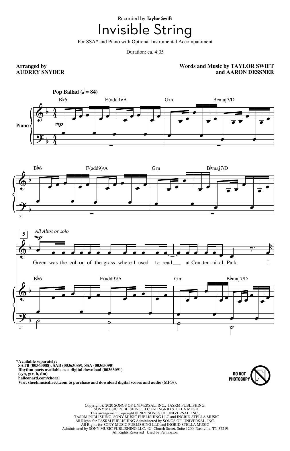 Taylor Swift invisible string (arr. Audrey Snyder) sheet music notes and chords arranged for SSA Choir