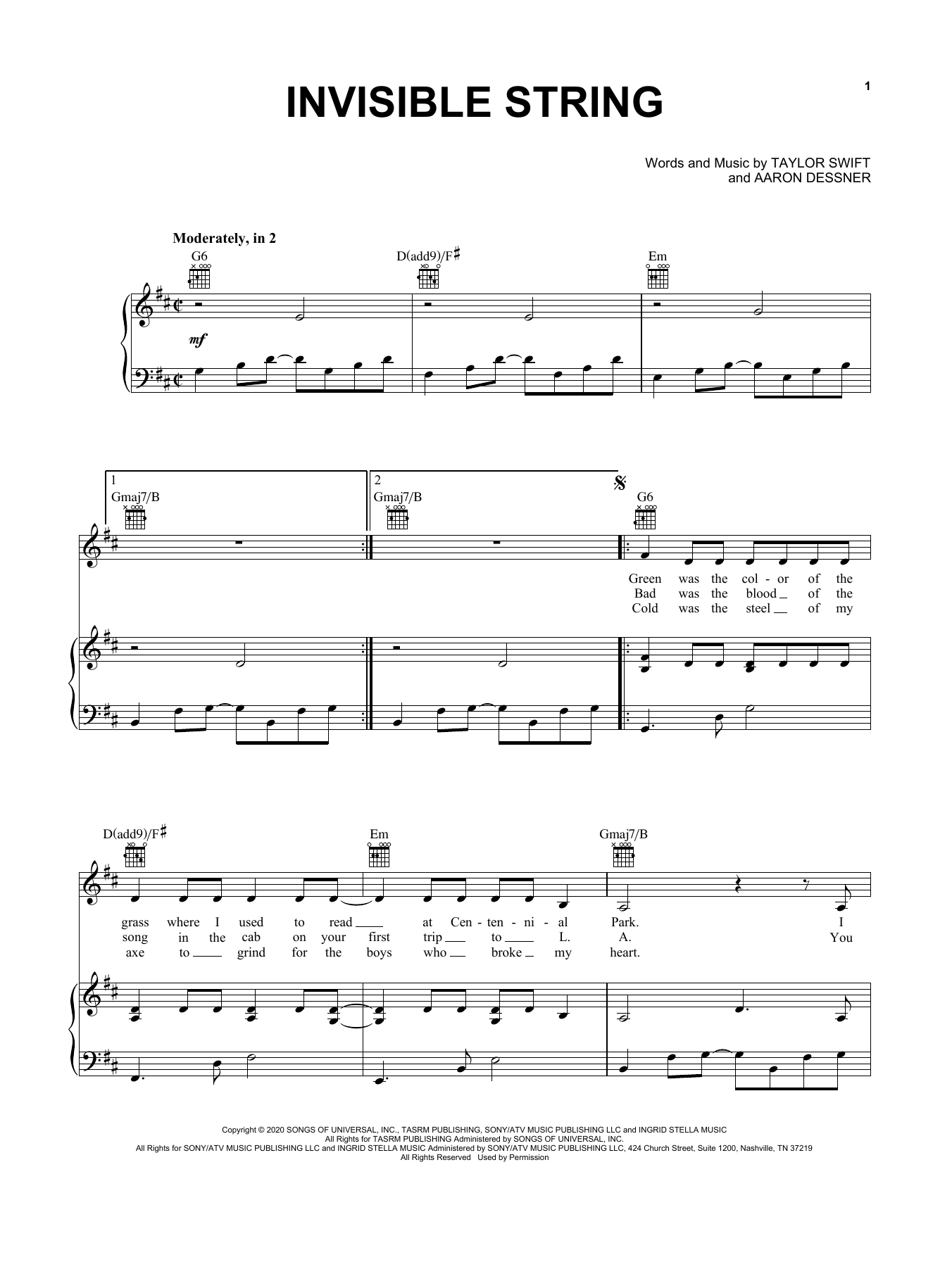 Taylor Swift invisible string sheet music notes and chords arranged for Easy Piano