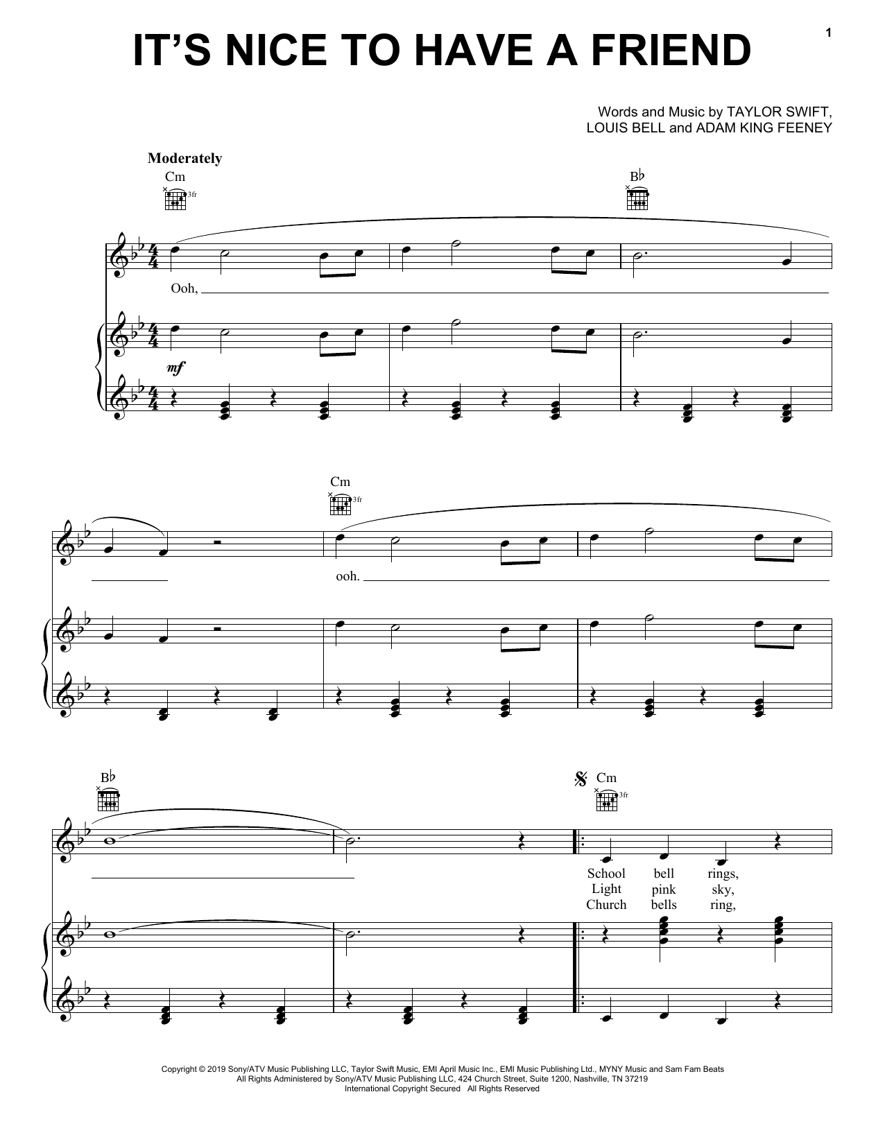 Taylor Swift It's Nice To Have A Friend sheet music notes and chords arranged for Piano, Vocal & Guitar Chords (Right-Hand Melody)