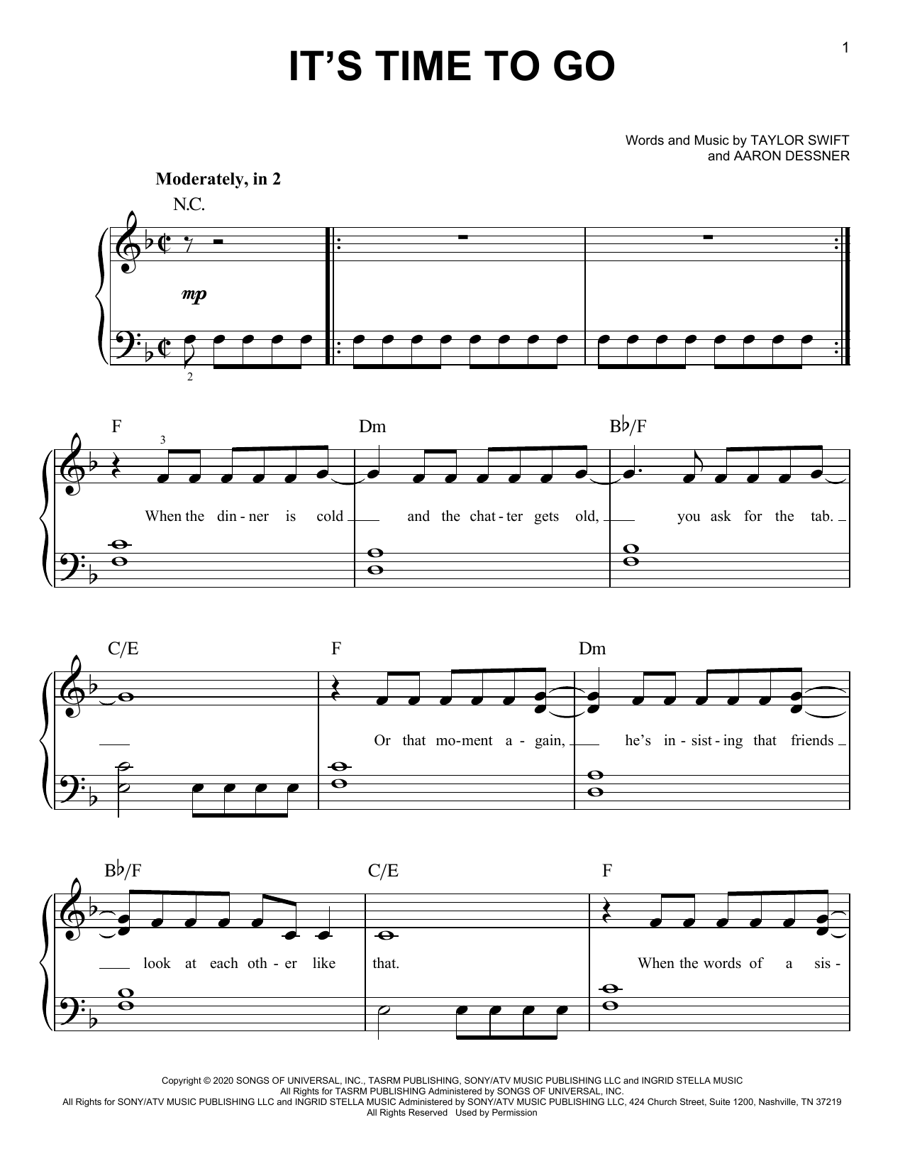 Taylor Swift it's time to go sheet music notes and chords arranged for Easy Piano