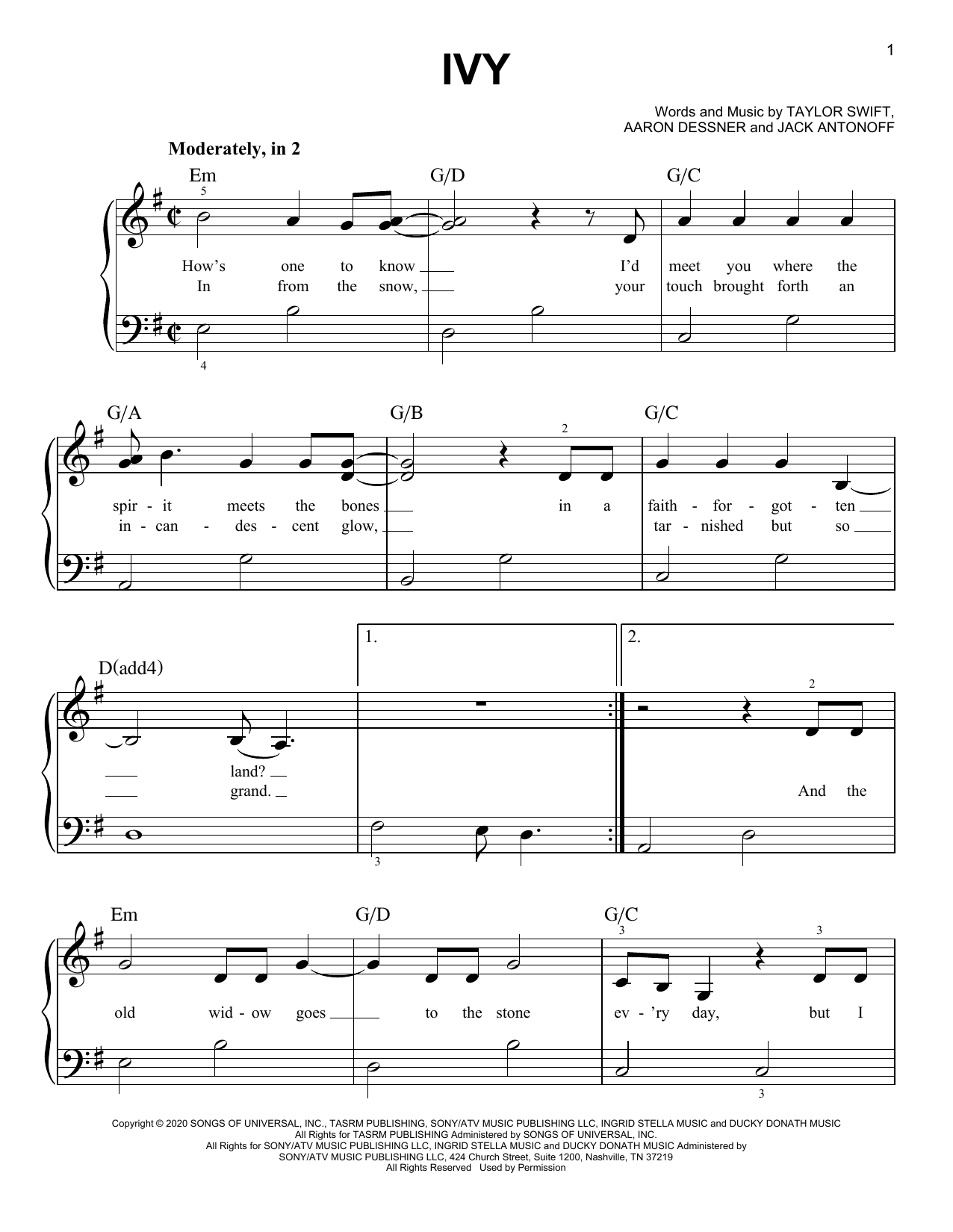 Taylor Swift ivy sheet music notes and chords arranged for Easy Piano