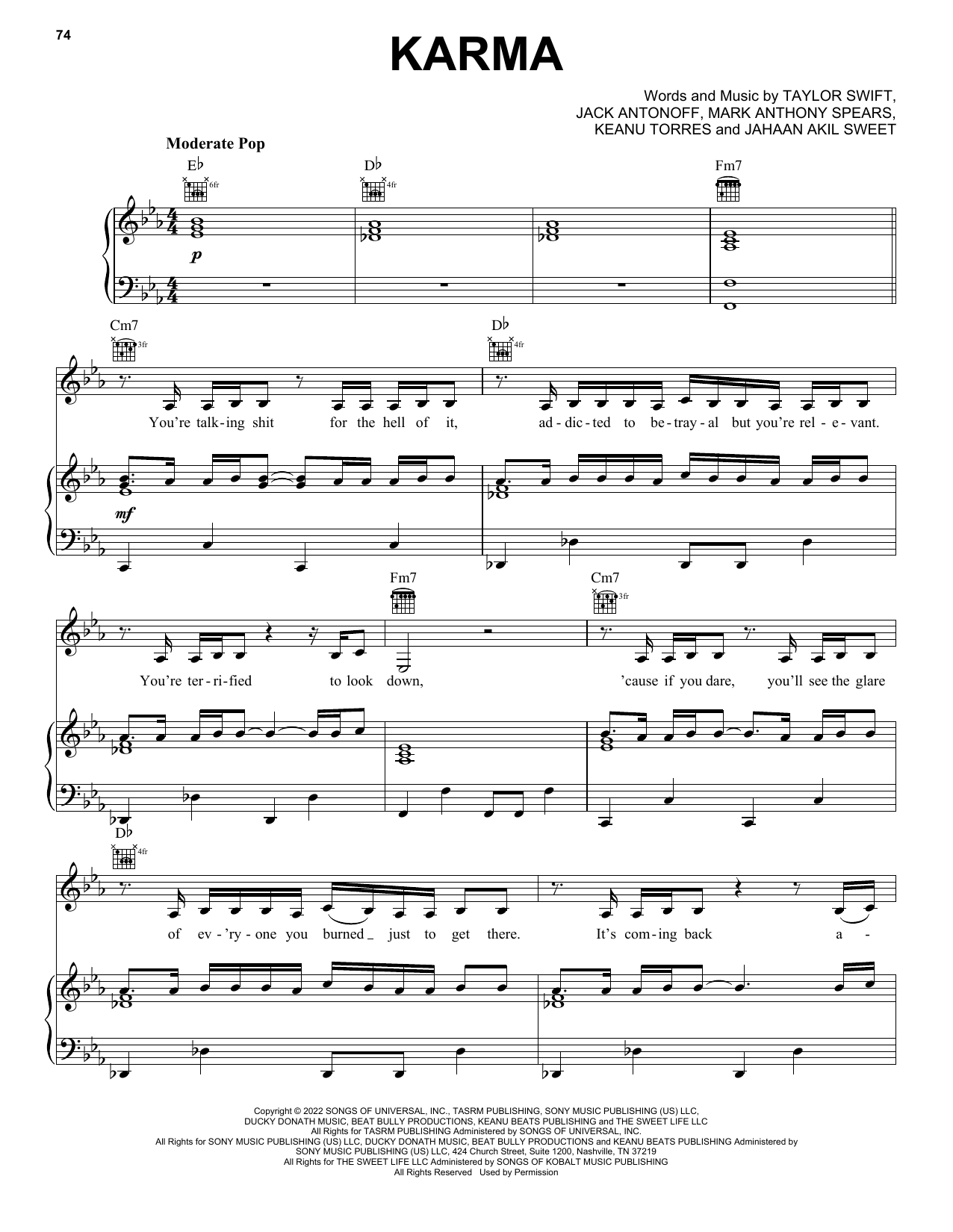 Taylor Swift Karma sheet music notes and chords arranged for Easy Piano