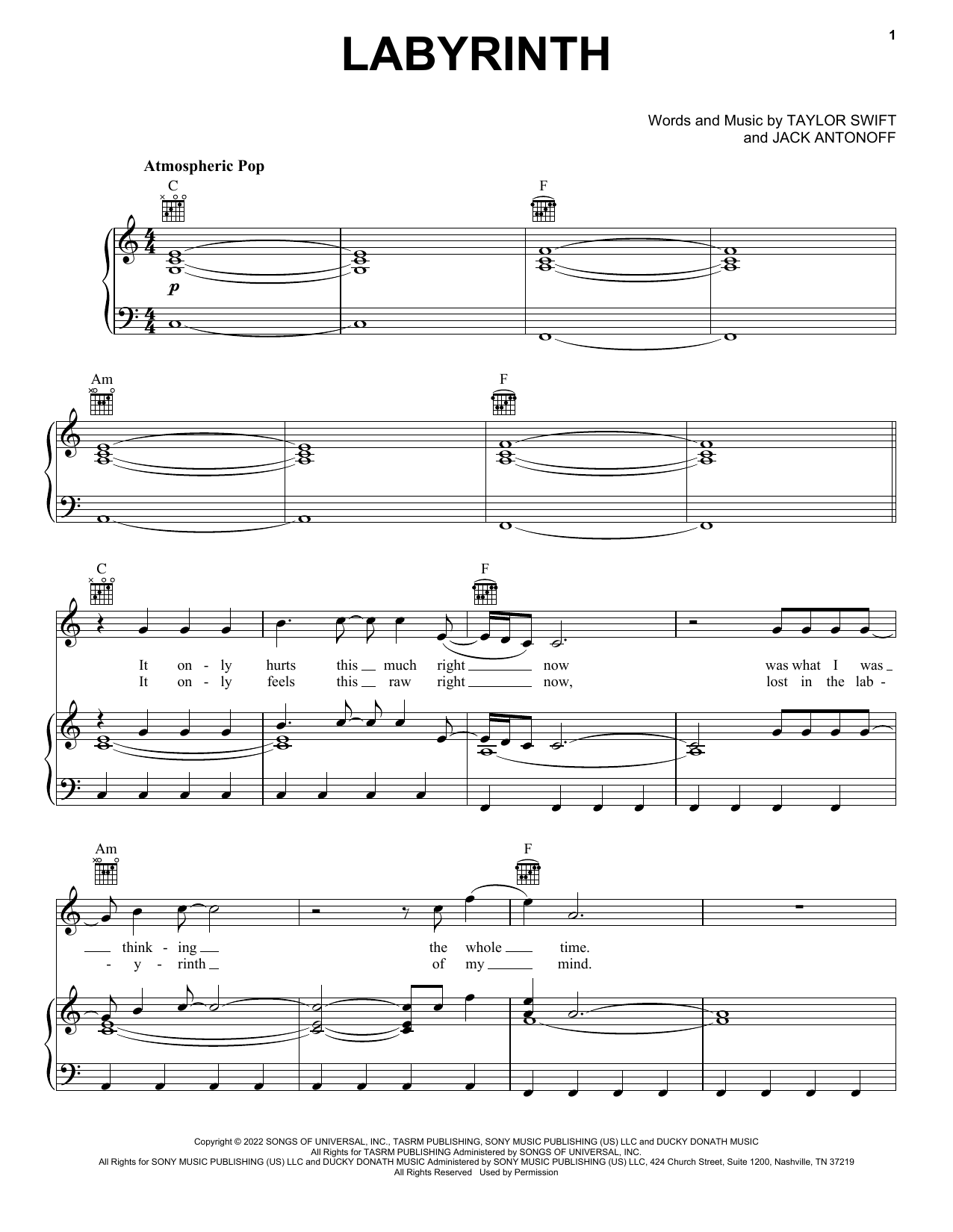 Taylor Swift Labyrinth sheet music notes and chords arranged for Easy Piano
