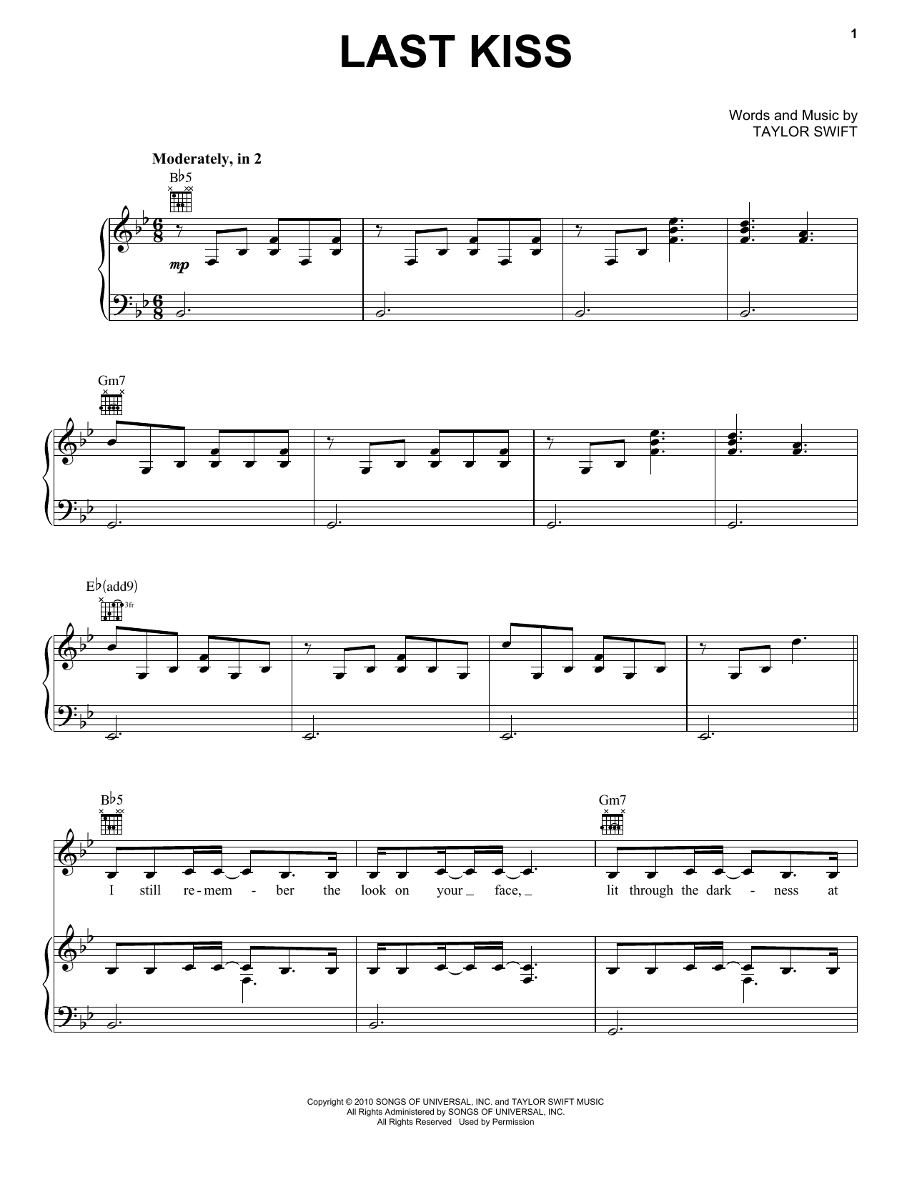 Taylor Swift Last Kiss sheet music notes and chords arranged for Guitar Tab