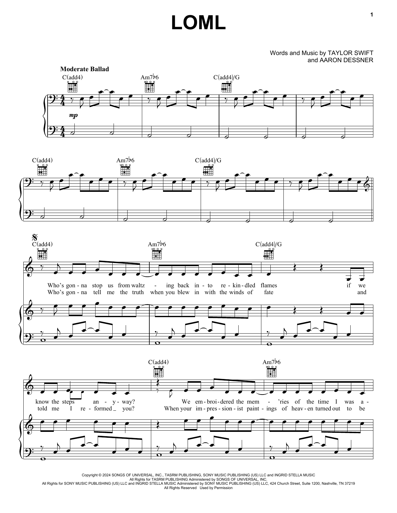 Taylor Swift Loml sheet music notes and chords arranged for Easy Piano