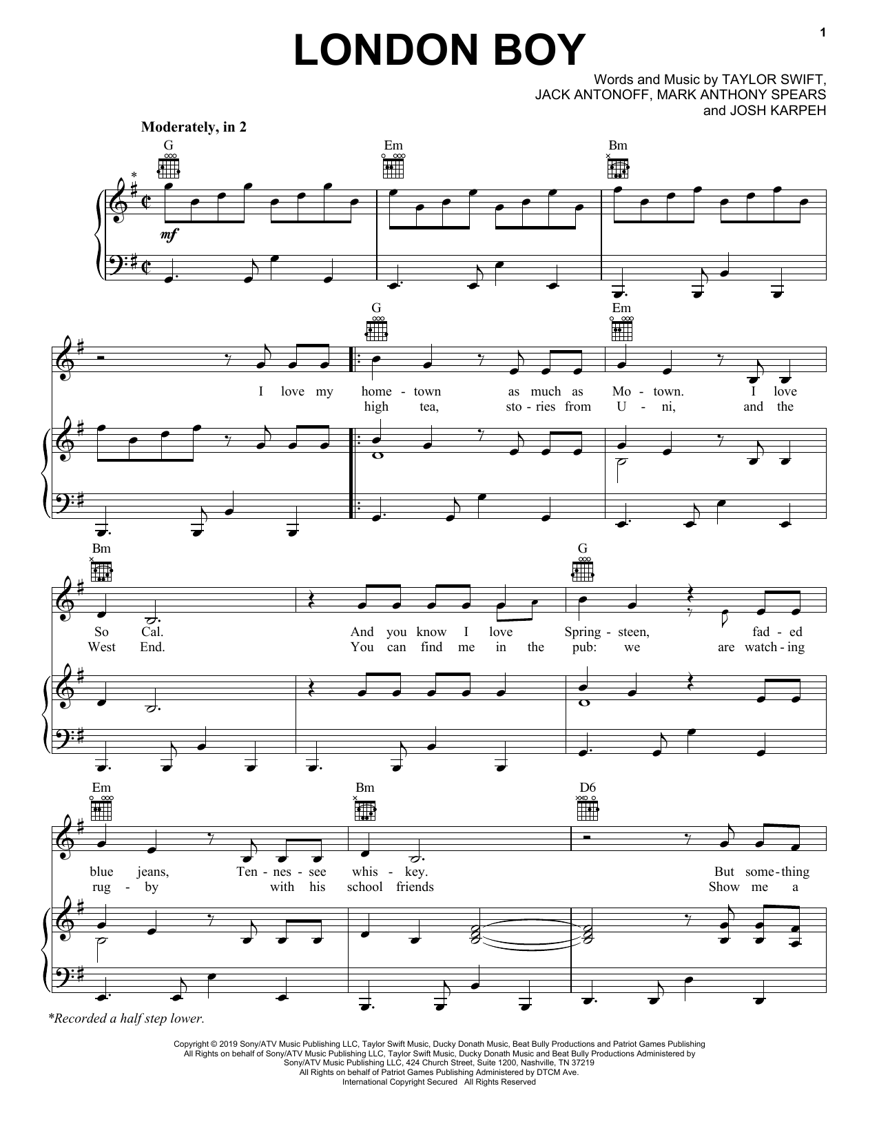 Taylor Swift London Boy sheet music notes and chords arranged for Easy Piano