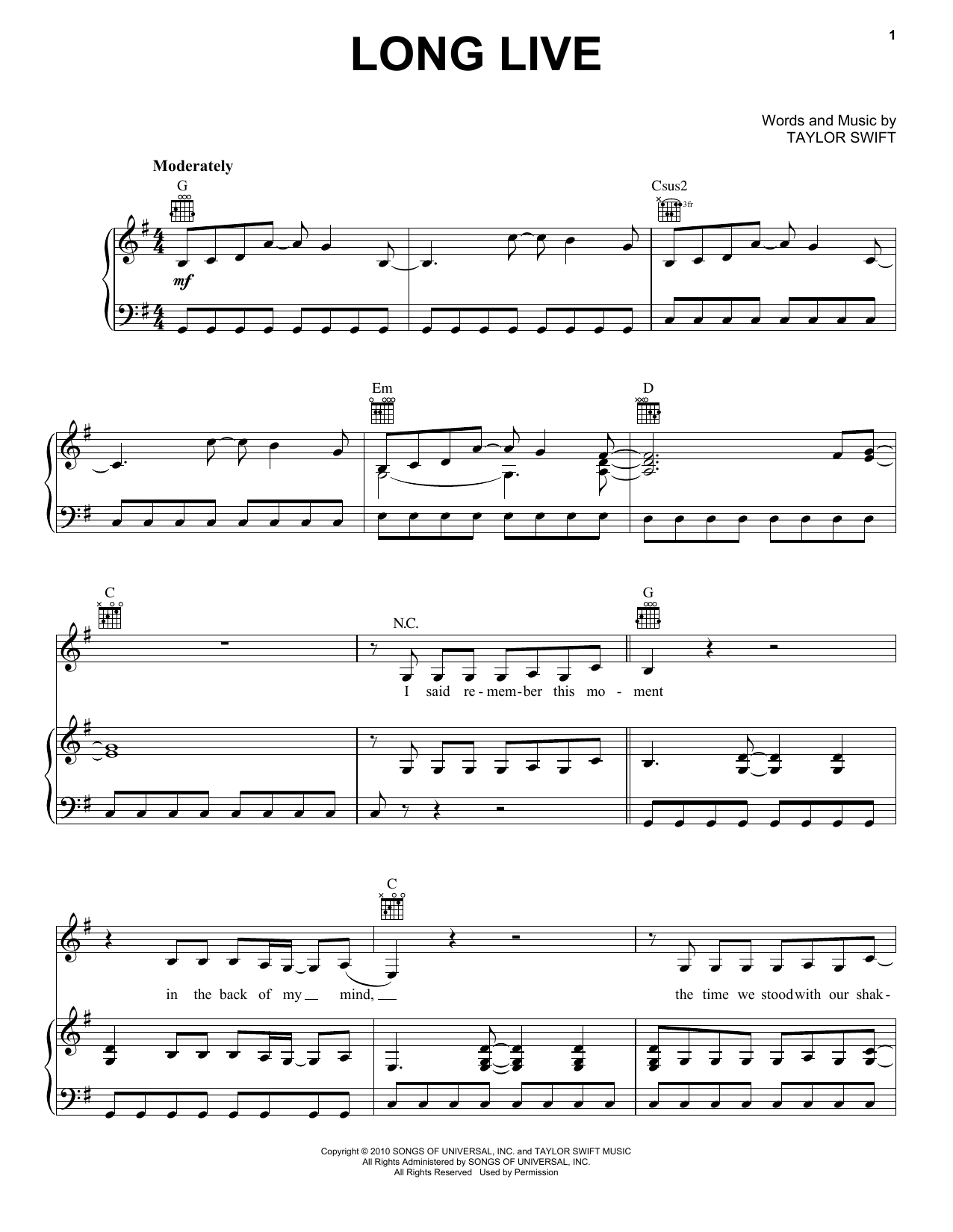 Taylor Swift Long Live sheet music notes and chords arranged for Guitar Chords/Lyrics