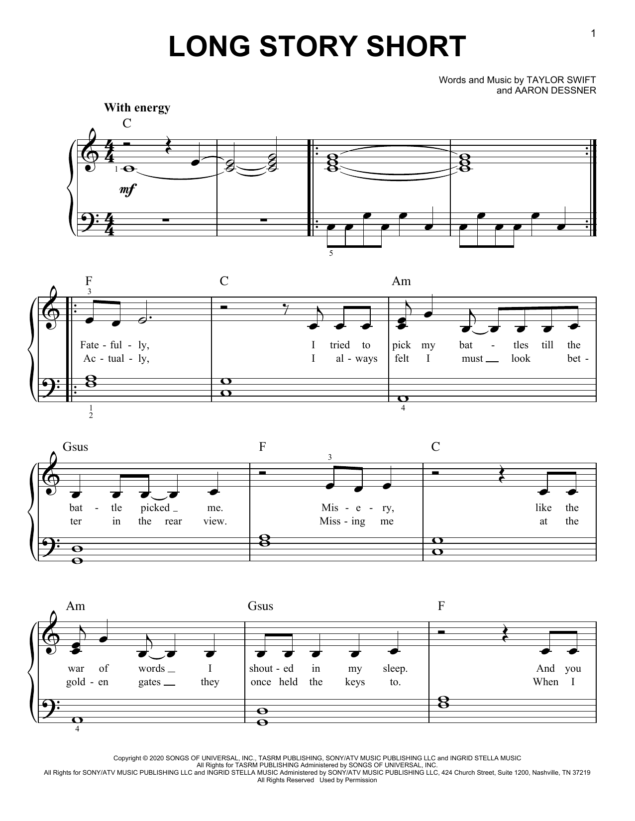 Taylor Swift long story short sheet music notes and chords arranged for Easy Piano
