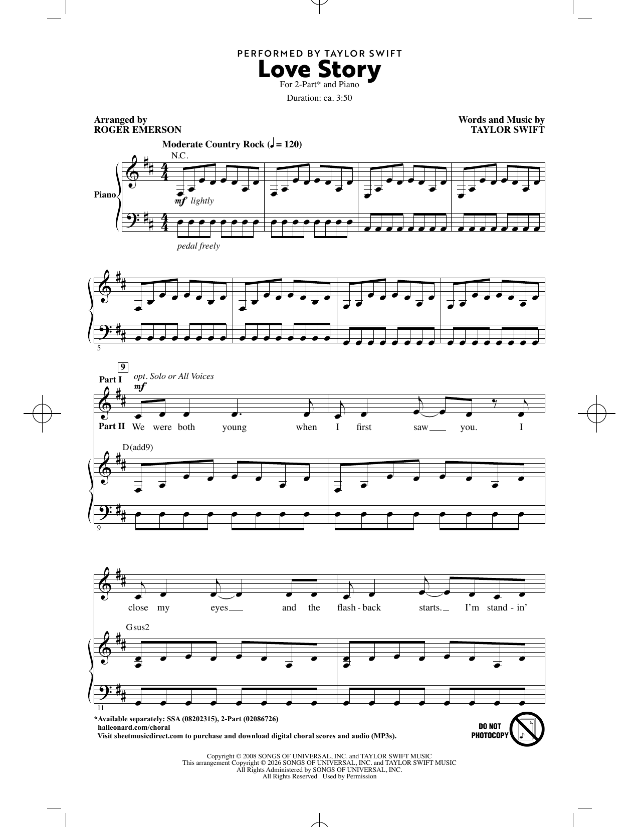 Taylor Swift Love Story (arr. Roger Emerson) sheet music notes and chords arranged for 2-Part Choir