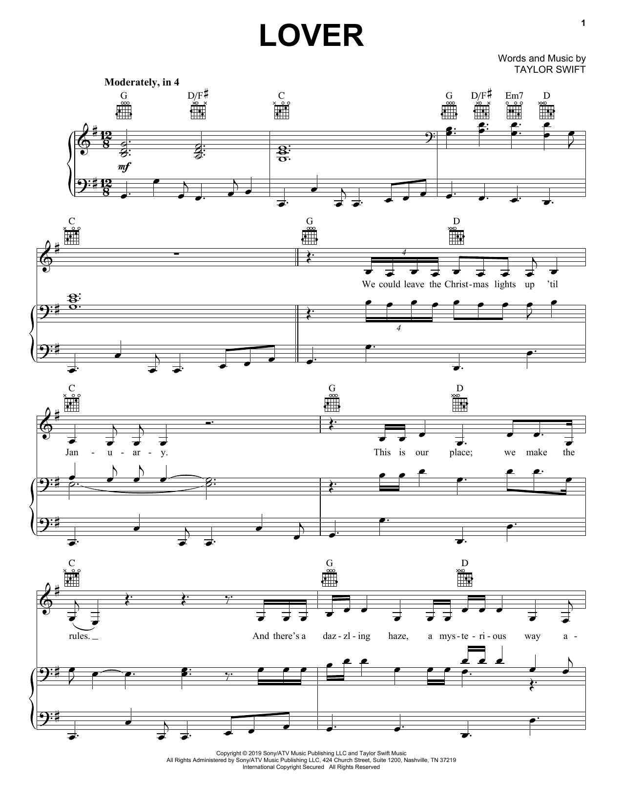 Taylor Swift Lover sheet music notes and chords arranged for Easy Piano