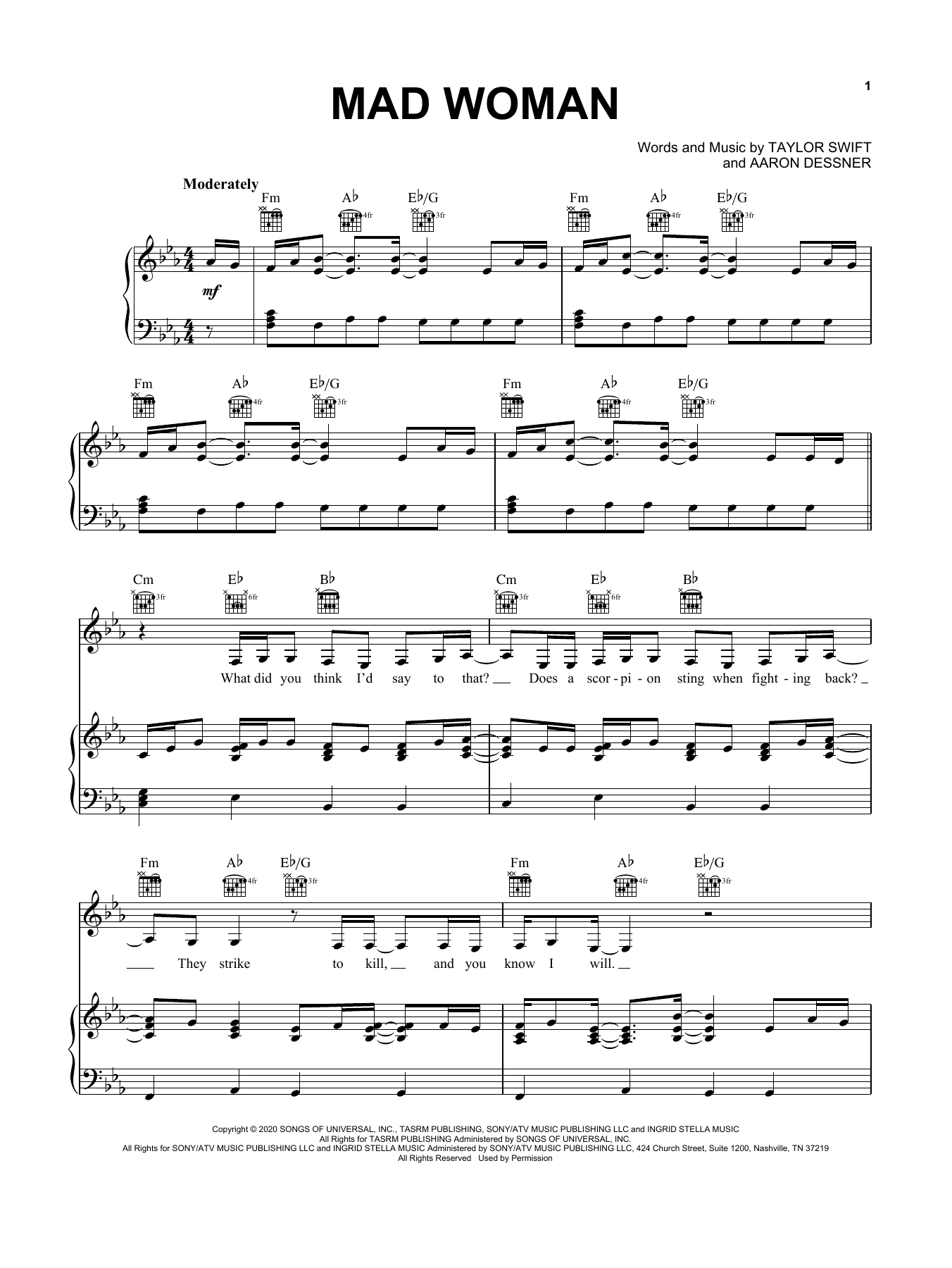 Taylor Swift mad woman sheet music notes and chords arranged for Easy Piano