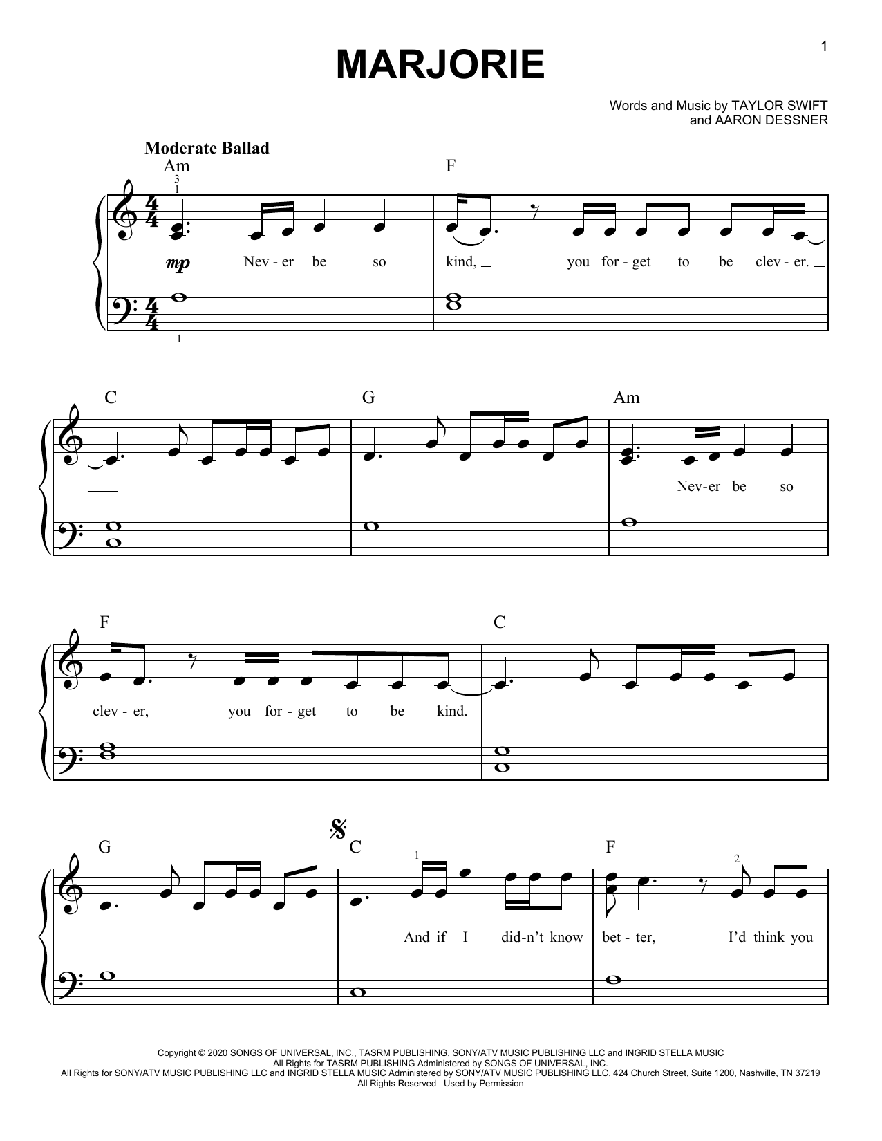Taylor Swift marjorie sheet music notes and chords arranged for Easy Piano