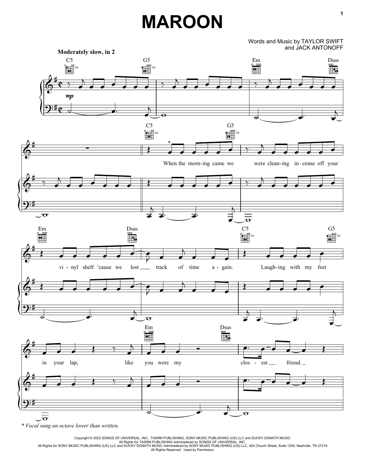 Taylor Swift Maroon sheet music notes and chords arranged for Piano, Vocal & Guitar Chords (Right-Hand Melody)