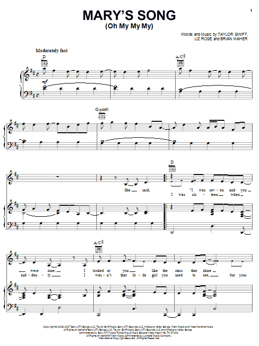 Taylor Swift Mary's Song (Oh My My My) sheet music notes and chords arranged for Piano, Vocal & Guitar Chords (Right-Hand Melody)