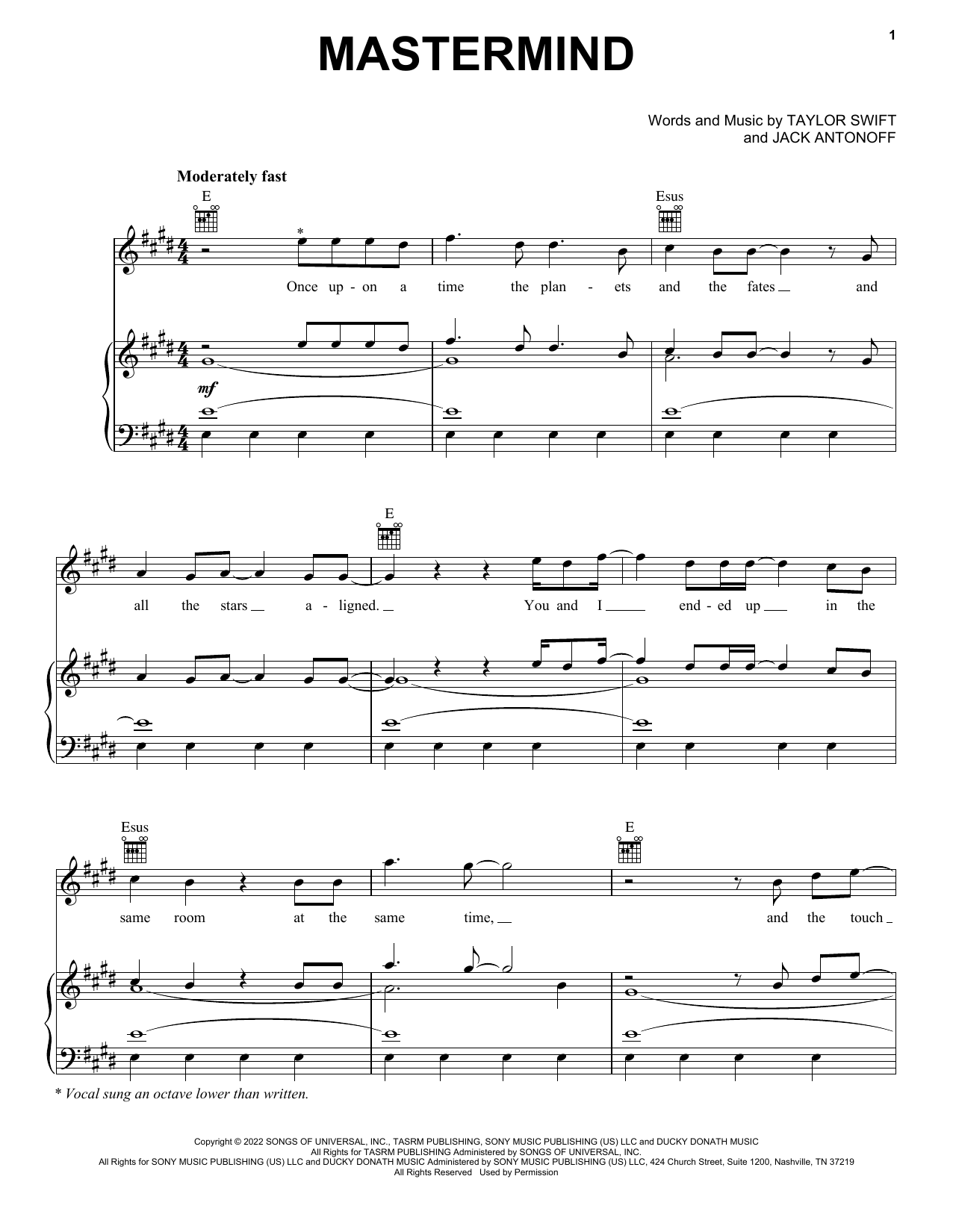 Taylor Swift Mastermind sheet music notes and chords arranged for Piano, Vocal & Guitar Chords (Right-Hand Melody)