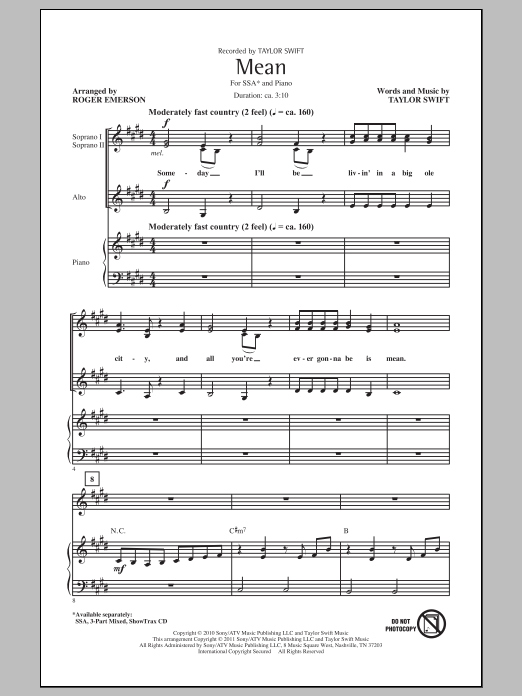 Taylor Swift Mean (arr. Roger Emerson) sheet music notes and chords arranged for 3-Part Mixed Choir