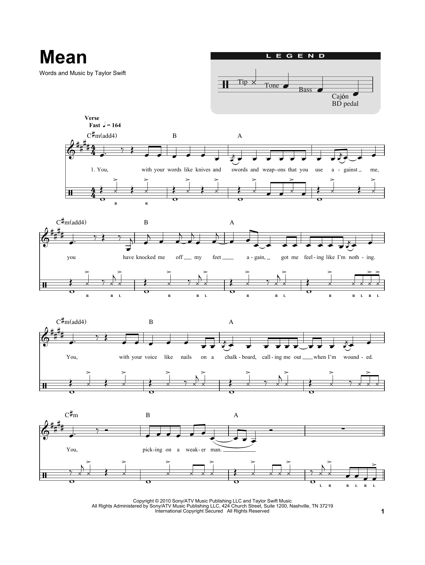 Taylor Swift Mean (for Acoustic Guitar, Voice and Cajón) sheet music notes and chords arranged for Drums Transcription