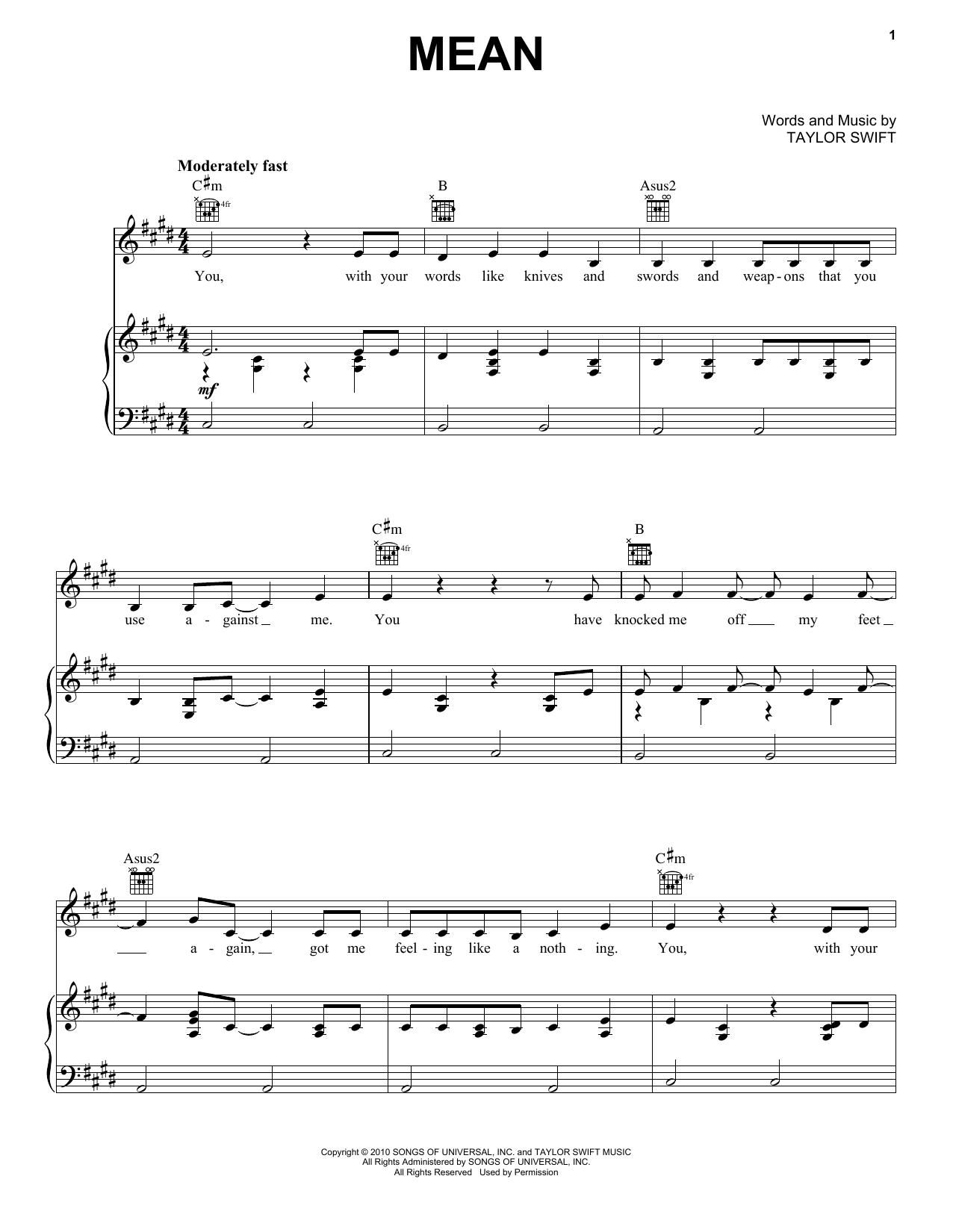 Taylor Swift Mean sheet music notes and chords arranged for Piano & Vocal