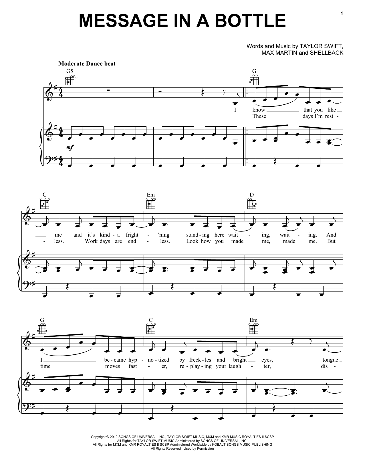 Taylor Swift Message In A Bottle (Taylor's Version) (From The Vault) sheet music notes and chords arranged for Piano, Vocal & Guitar Chords (Right-Hand Melody)