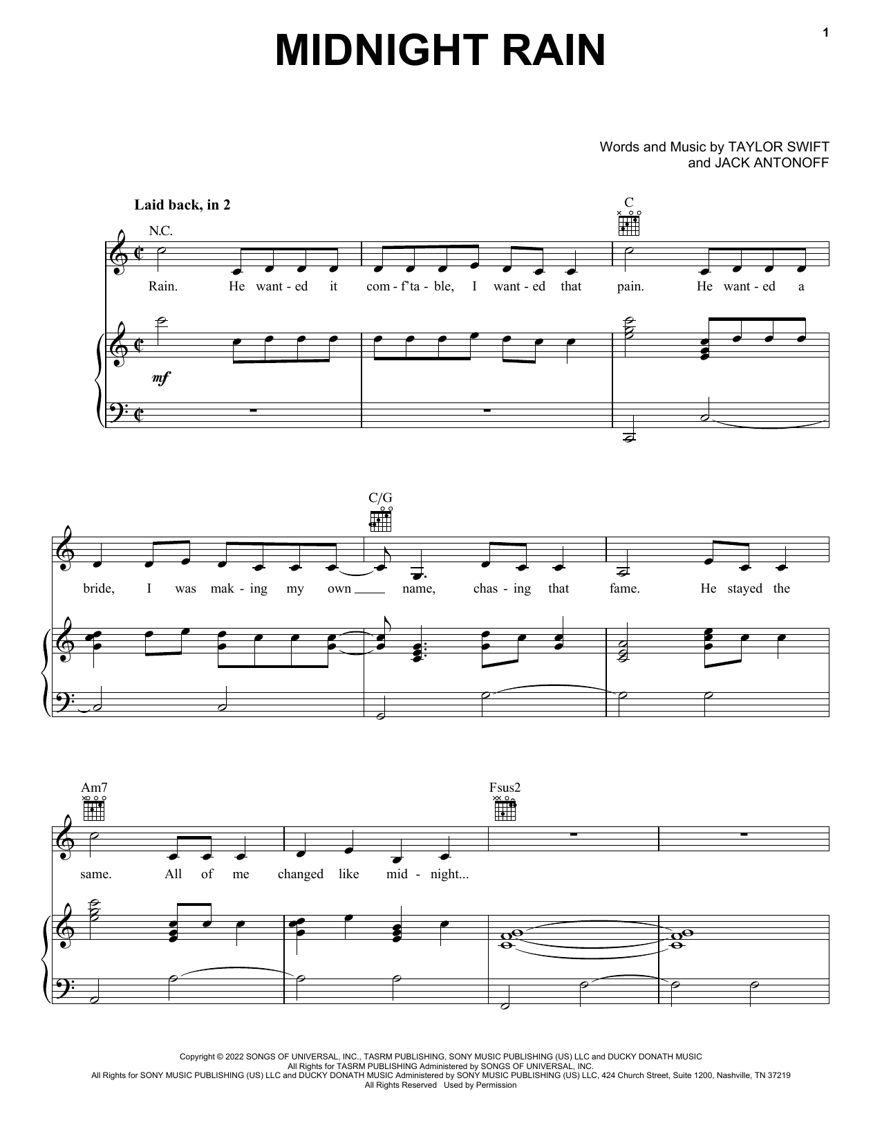 Taylor Swift Midnight Rain sheet music notes and chords arranged for Easy Piano