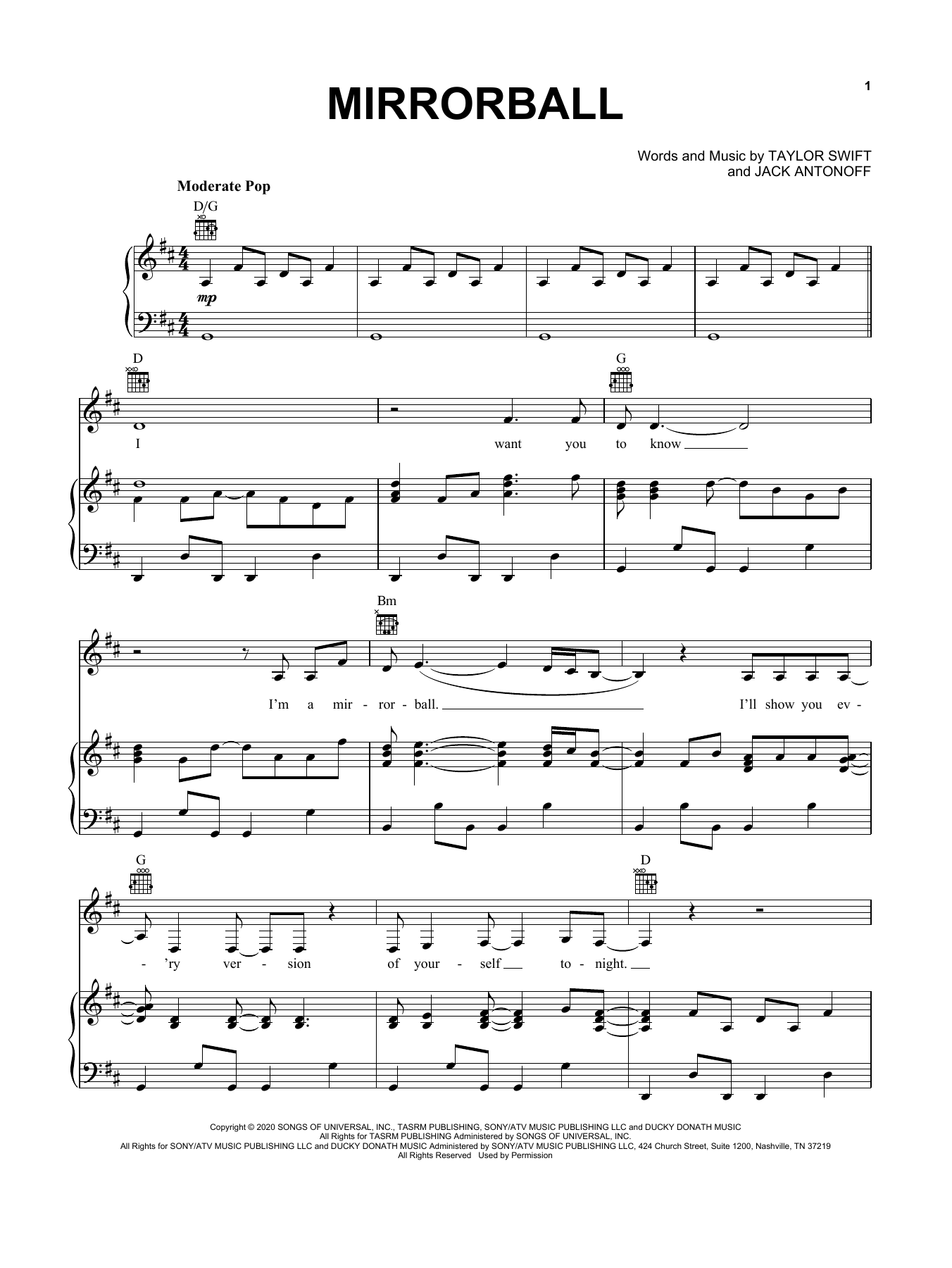 Taylor Swift mirrorball sheet music notes and chords arranged for Piano, Vocal & Guitar Chords (Right-Hand Melody)