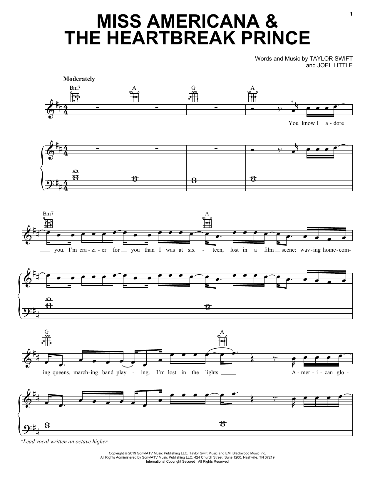 Taylor Swift Miss Americana & The Heartbreak Prince sheet music notes and chords arranged for Piano, Vocal & Guitar Chords (Right-Hand Melody)