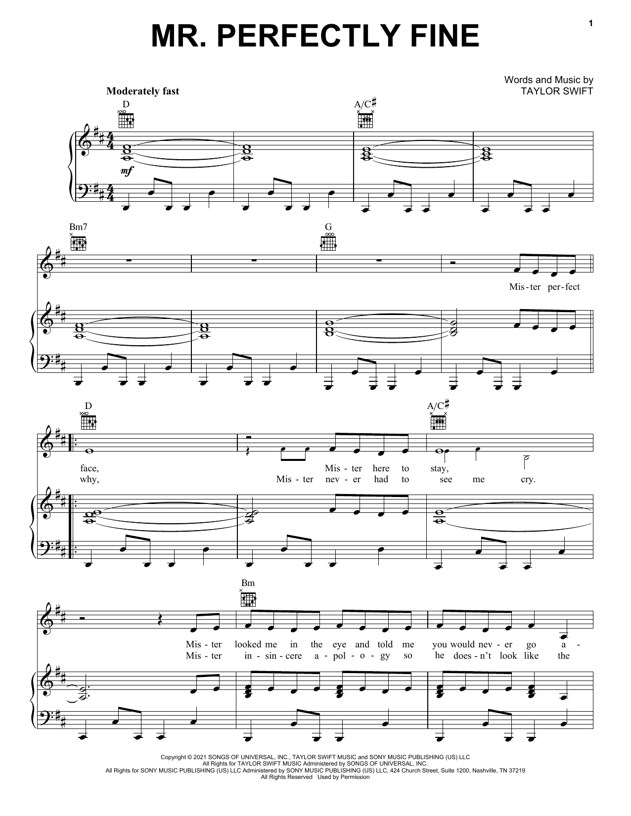 Taylor Swift Mr. Perfectly Fine (Taylor's Version) (From The Vault) sheet music notes and chords arranged for Piano, Vocal & Guitar Chords (Right-Hand Melody)