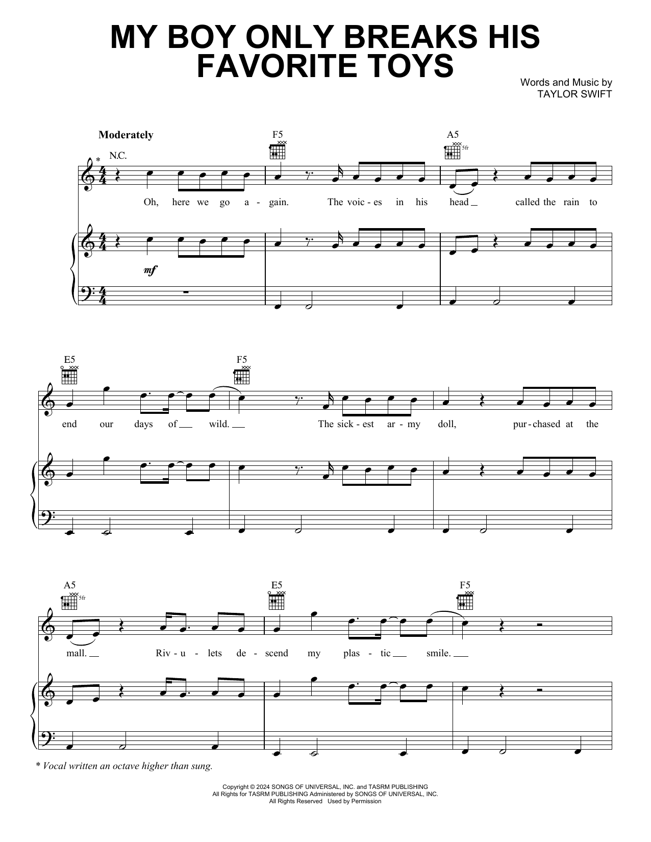 Taylor Swift My Boy Only Breaks His Favorite Toys sheet music notes and chords arranged for Piano, Vocal & Guitar Chords (Right-Hand Melody)
