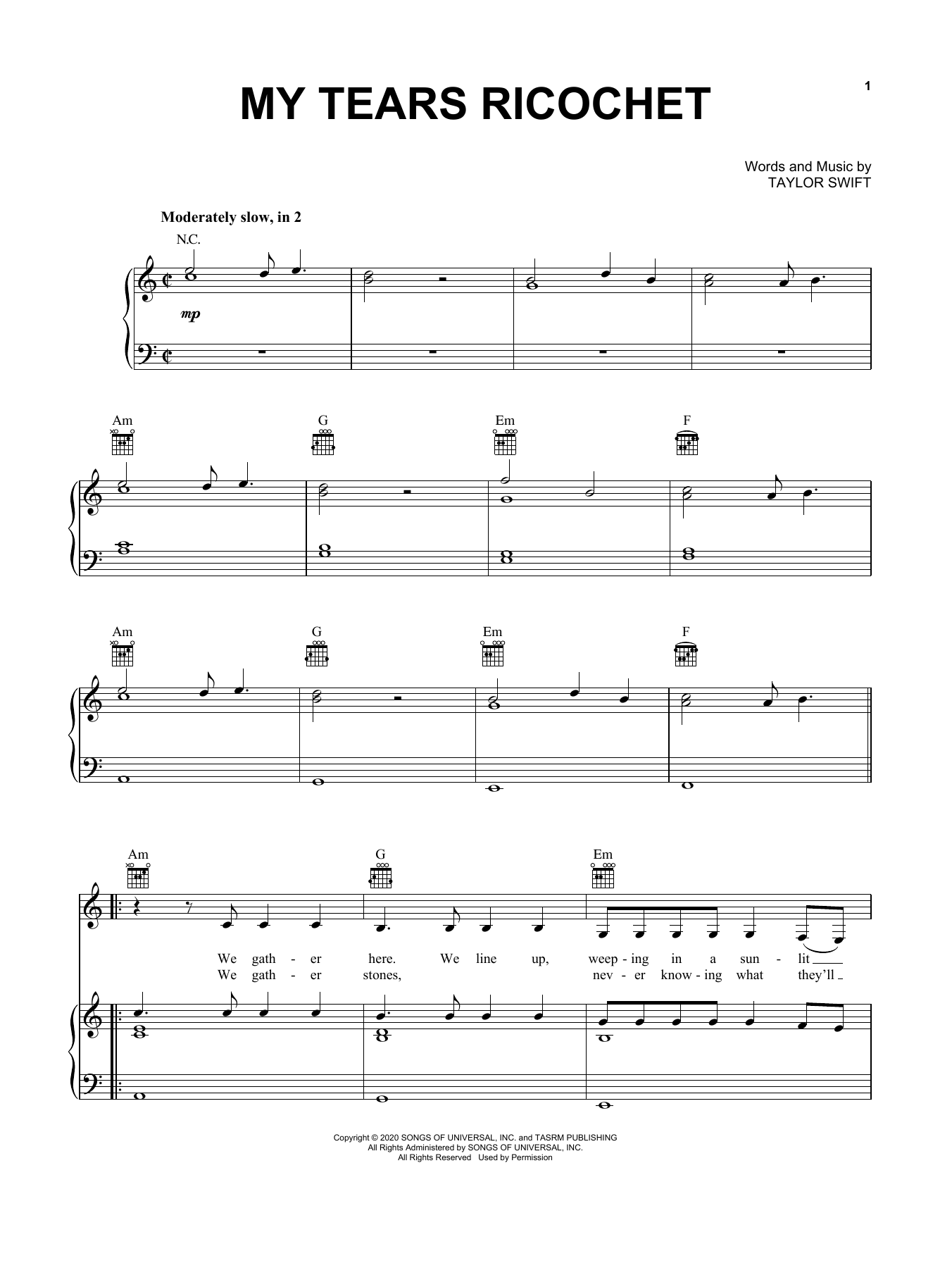 Taylor Swift my tears ricochet sheet music notes and chords arranged for Easy Piano