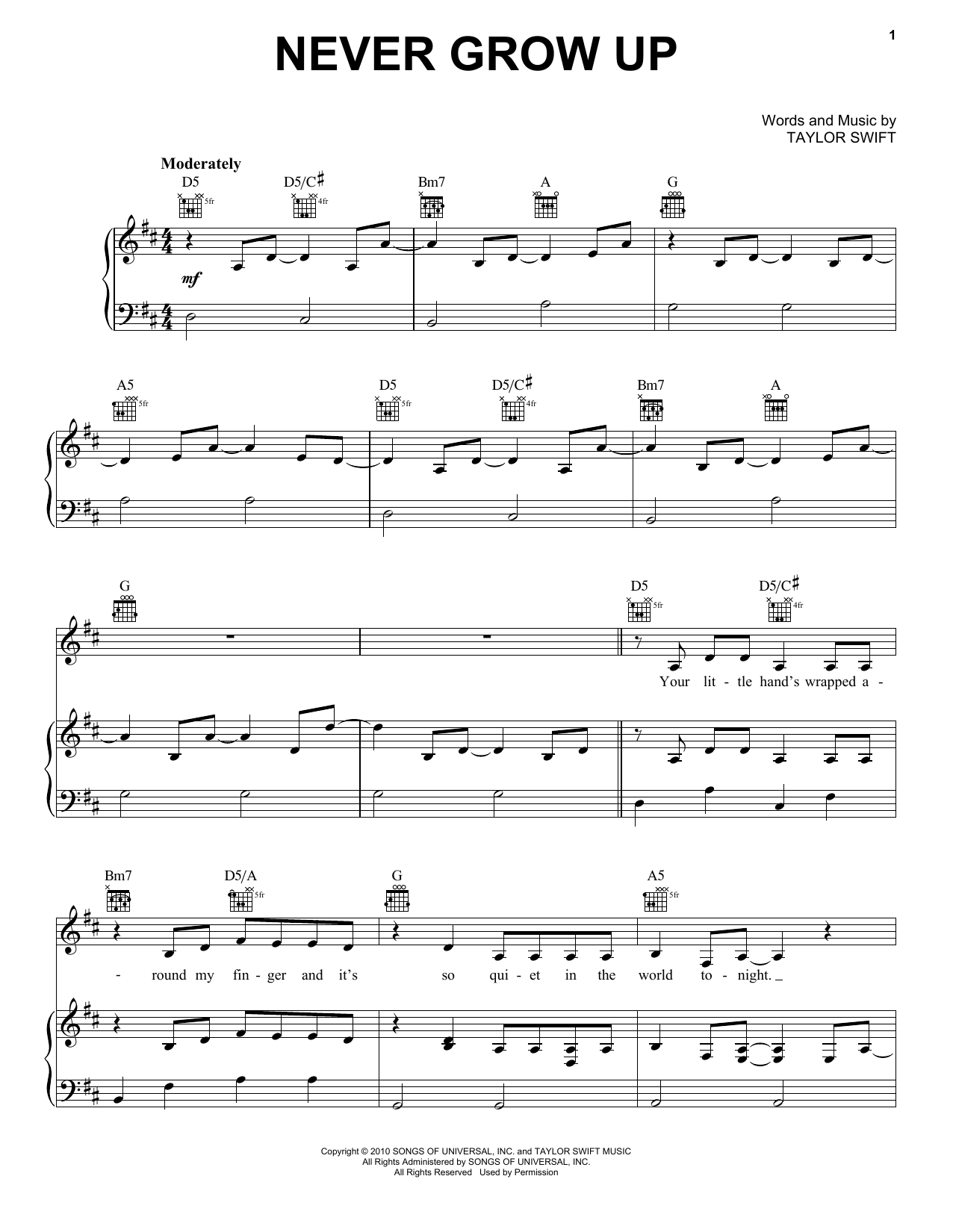 Taylor Swift Never Grow Up sheet music notes and chords arranged for Guitar Chords/Lyrics