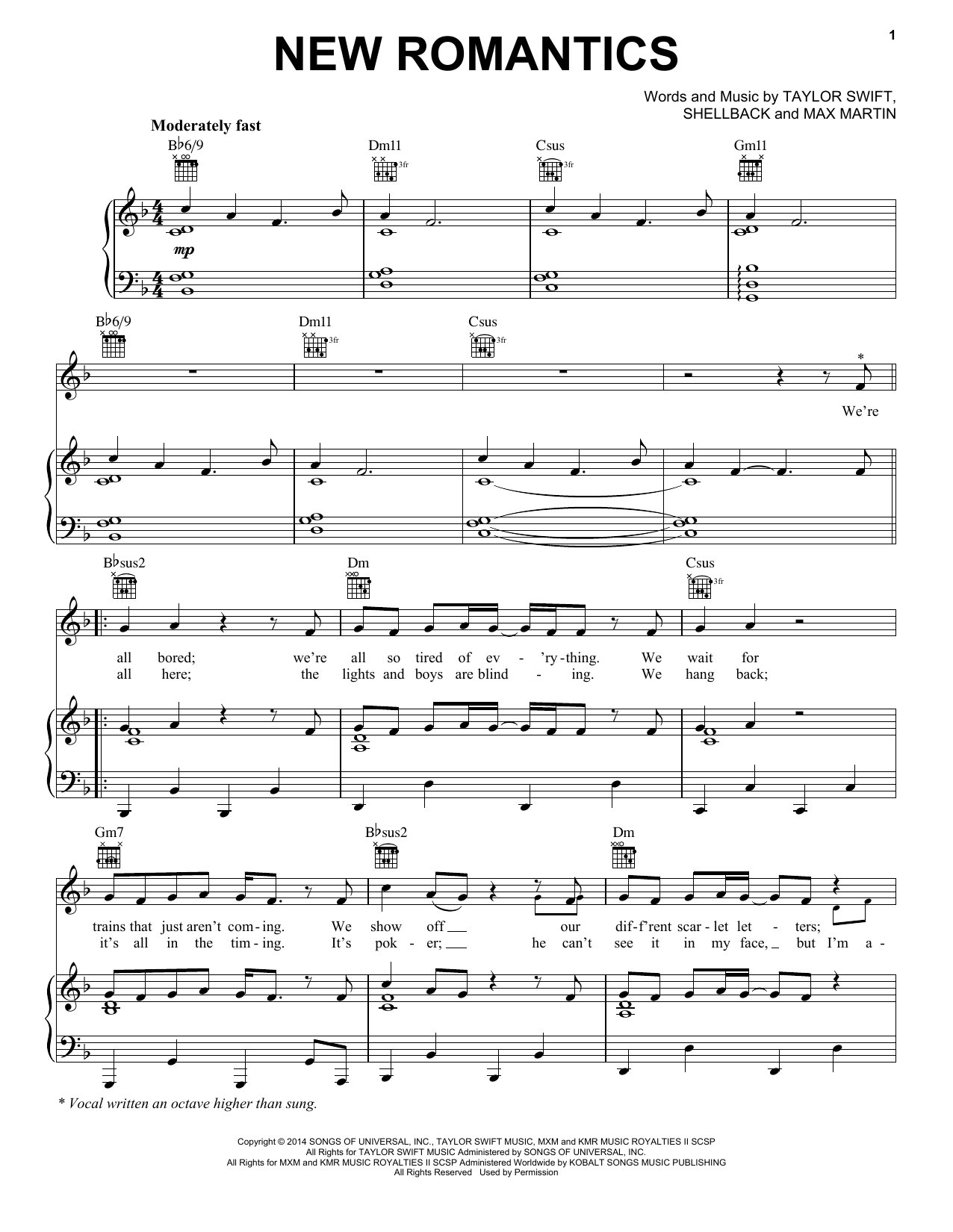 Taylor Swift New Romantics sheet music notes and chords arranged for Piano, Vocal & Guitar Chords (Right-Hand Melody)