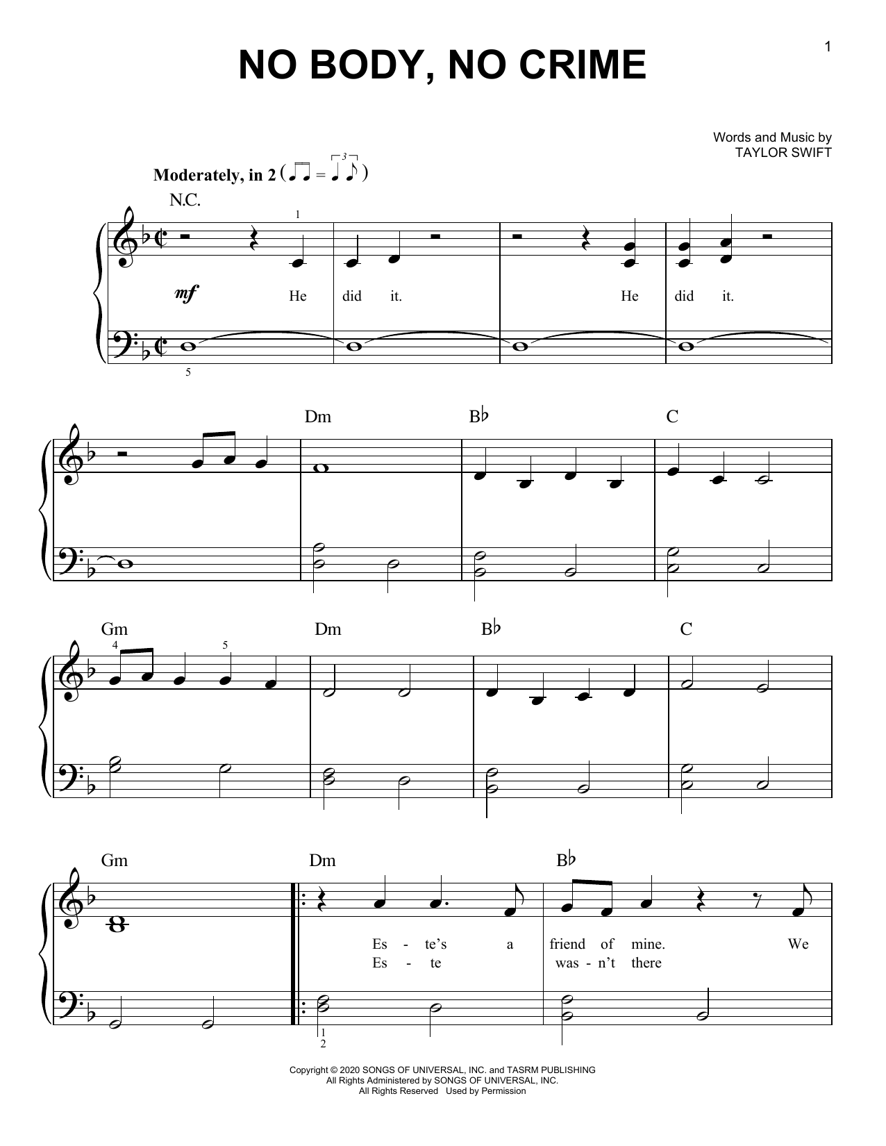 Taylor Swift no body, no crime (feat. HAIM) sheet music notes and chords arranged for Easy Piano