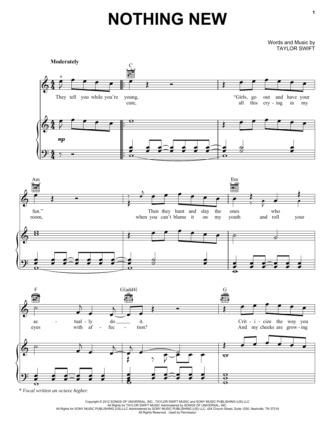 Taylor Swift Nothing New (feat. Phoebe Bridgers) (Taylor's Version) (From The Vault) sheet music notes and chords arranged for Piano, Vocal & Guitar Chords (Right-Hand Melody)