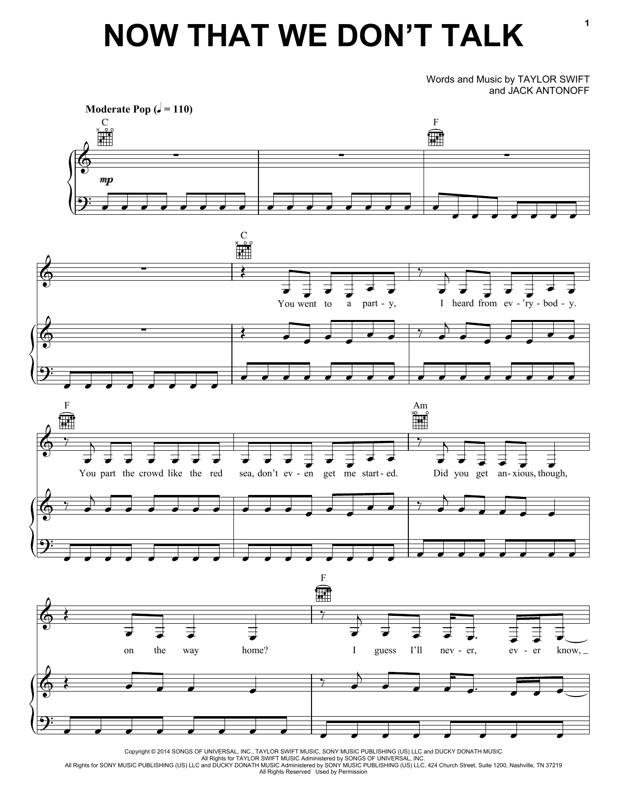 Taylor Swift Now That We Don't Talk (Taylor's Version) (From The Vault) sheet music notes and chords arranged for Piano, Vocal & Guitar Chords (Right-Hand Melody)