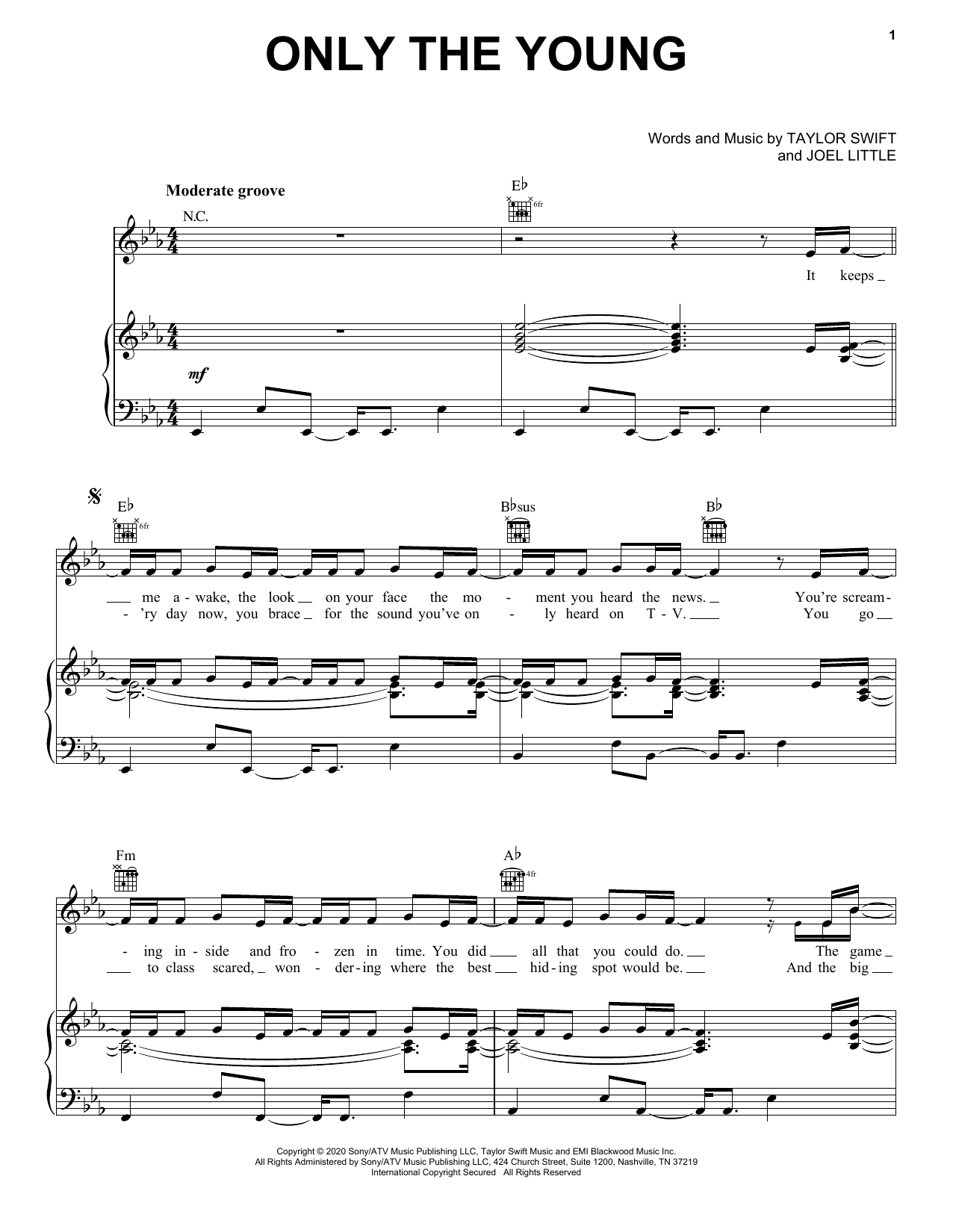 Taylor Swift Only The Young (from Miss Americana) sheet music notes and chords arranged for Piano, Vocal & Guitar Chords (Right-Hand Melody)