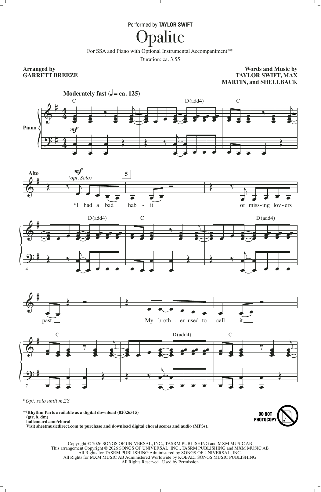 Taylor Swift Opalite (arr. Garrett Breeze) sheet music notes and chords arranged for SSA Choir