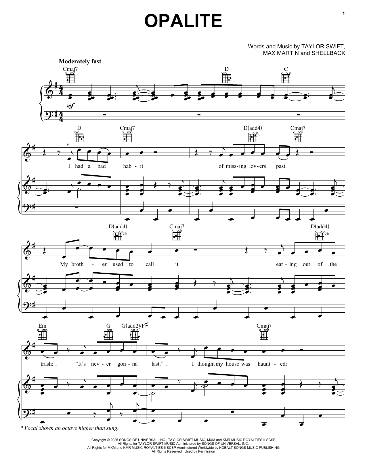 Taylor Swift Opalite sheet music notes and chords arranged for Guitar Chords/Lyrics