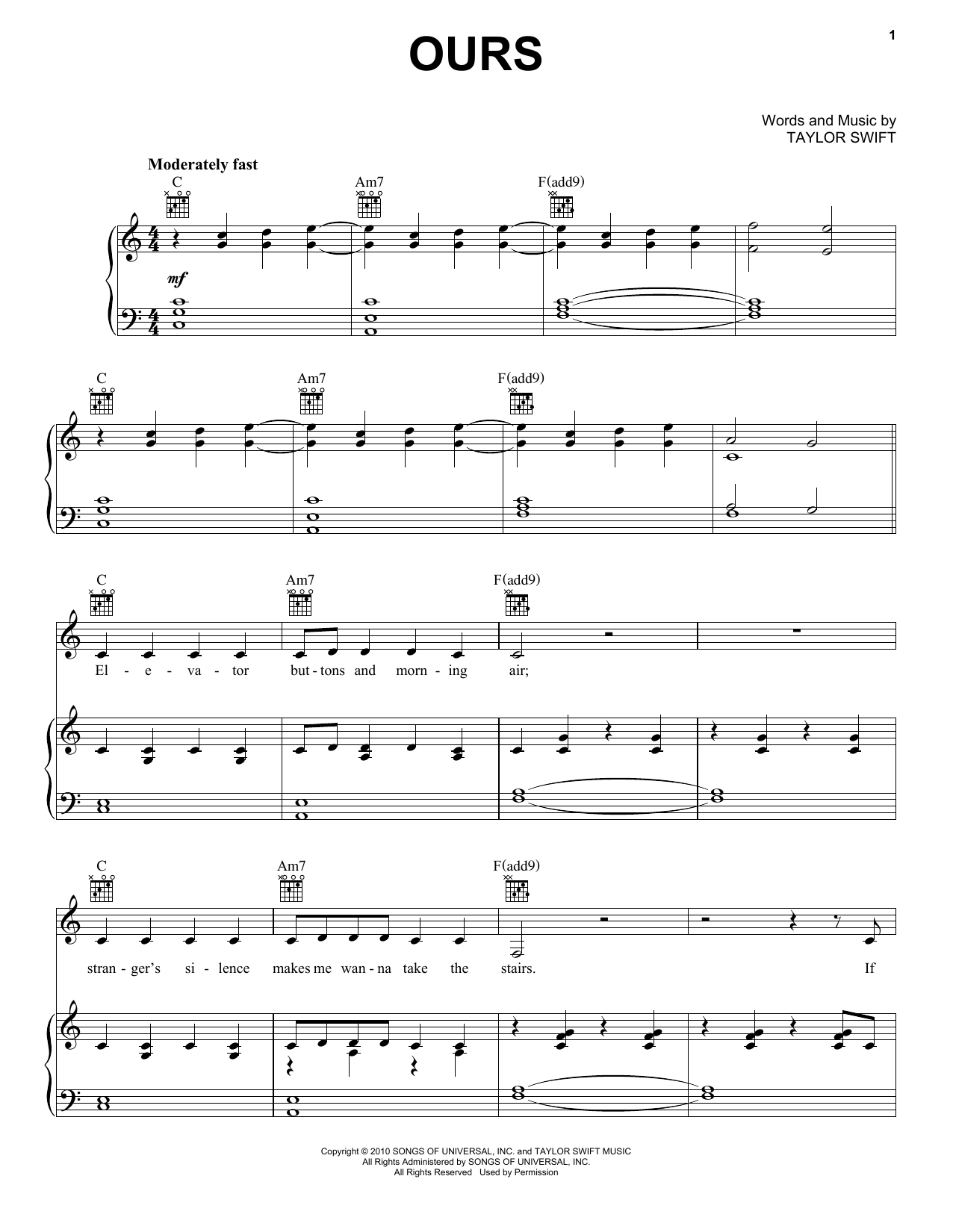 Taylor Swift Ours sheet music notes and chords arranged for Guitar Tab (Single Guitar)